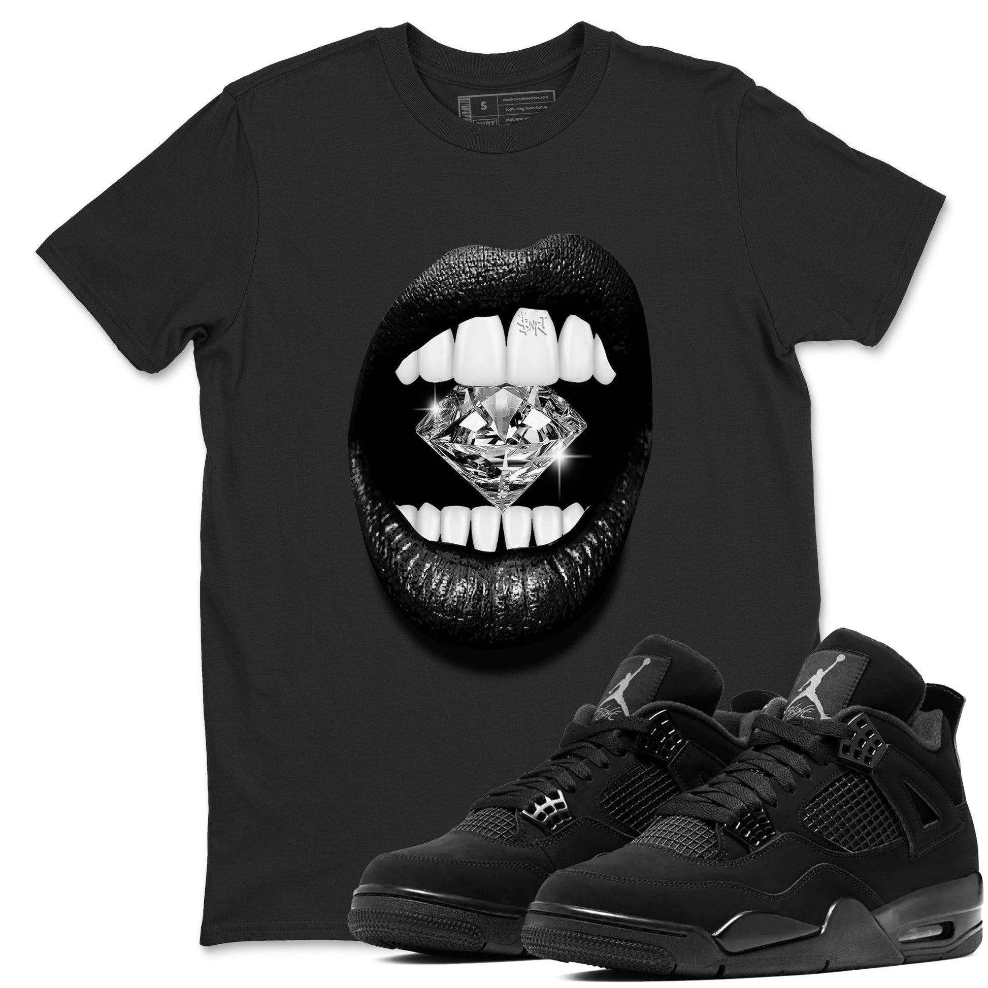 4s Black Cat Sneaker match tees – Sneaker Tees To Match Air Jordan 4 Black Cat Shoes – Lips Diamond Tee Black 1