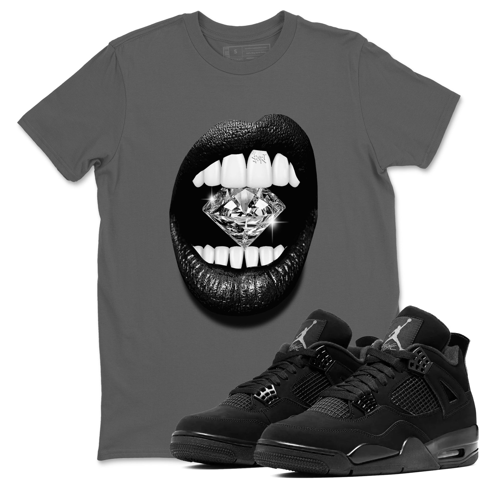 4s Black Cat Sneaker match tees – Sneaker Tees To Match Air Jordan 4 Black Cat Shoes – Lips Diamond Tee Cool Grey 1