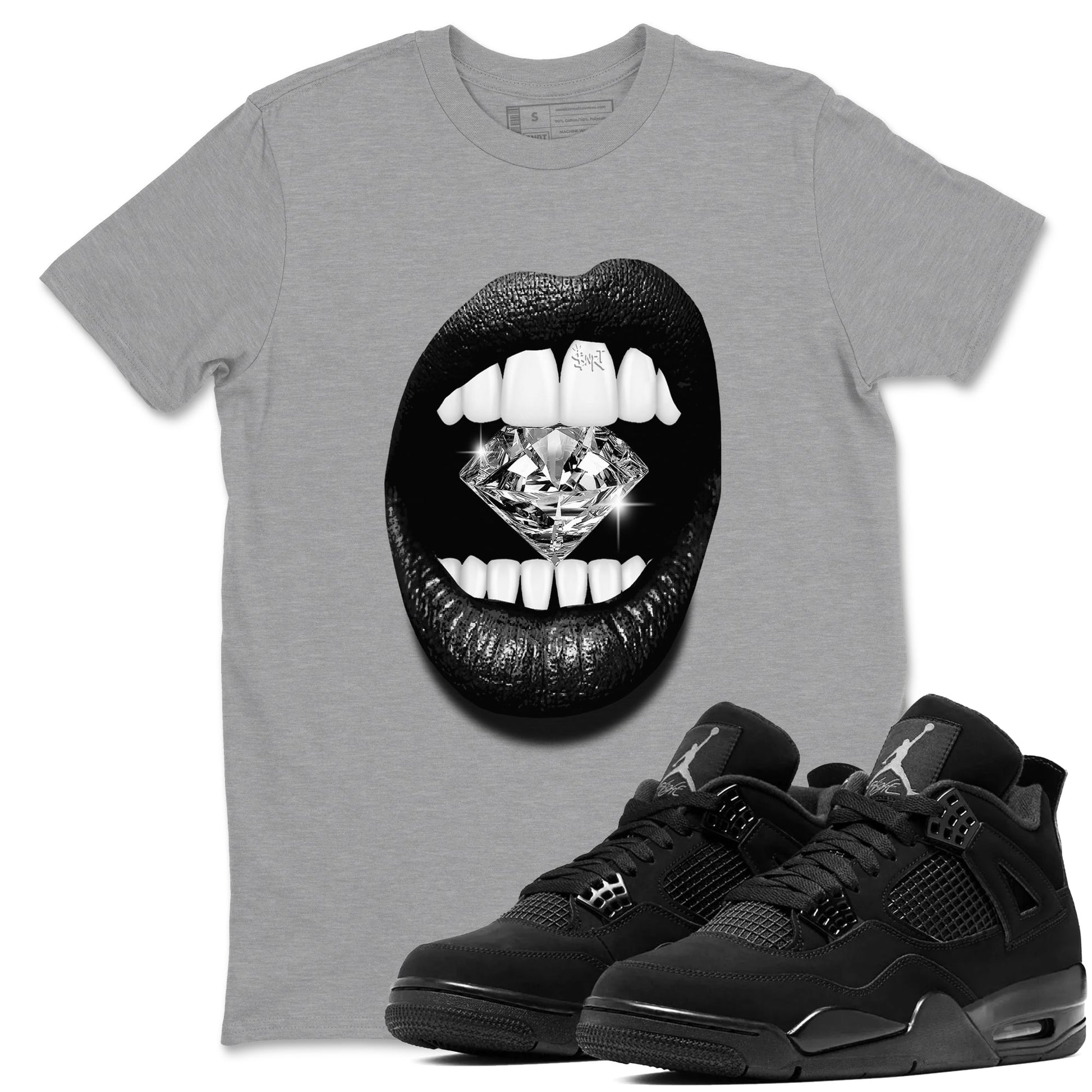4s Black Cat Sneaker match tees – Sneaker Tees To Match Air Jordan 4 Black Cat Shoes – Lips Diamond Tee Heather Grey 1