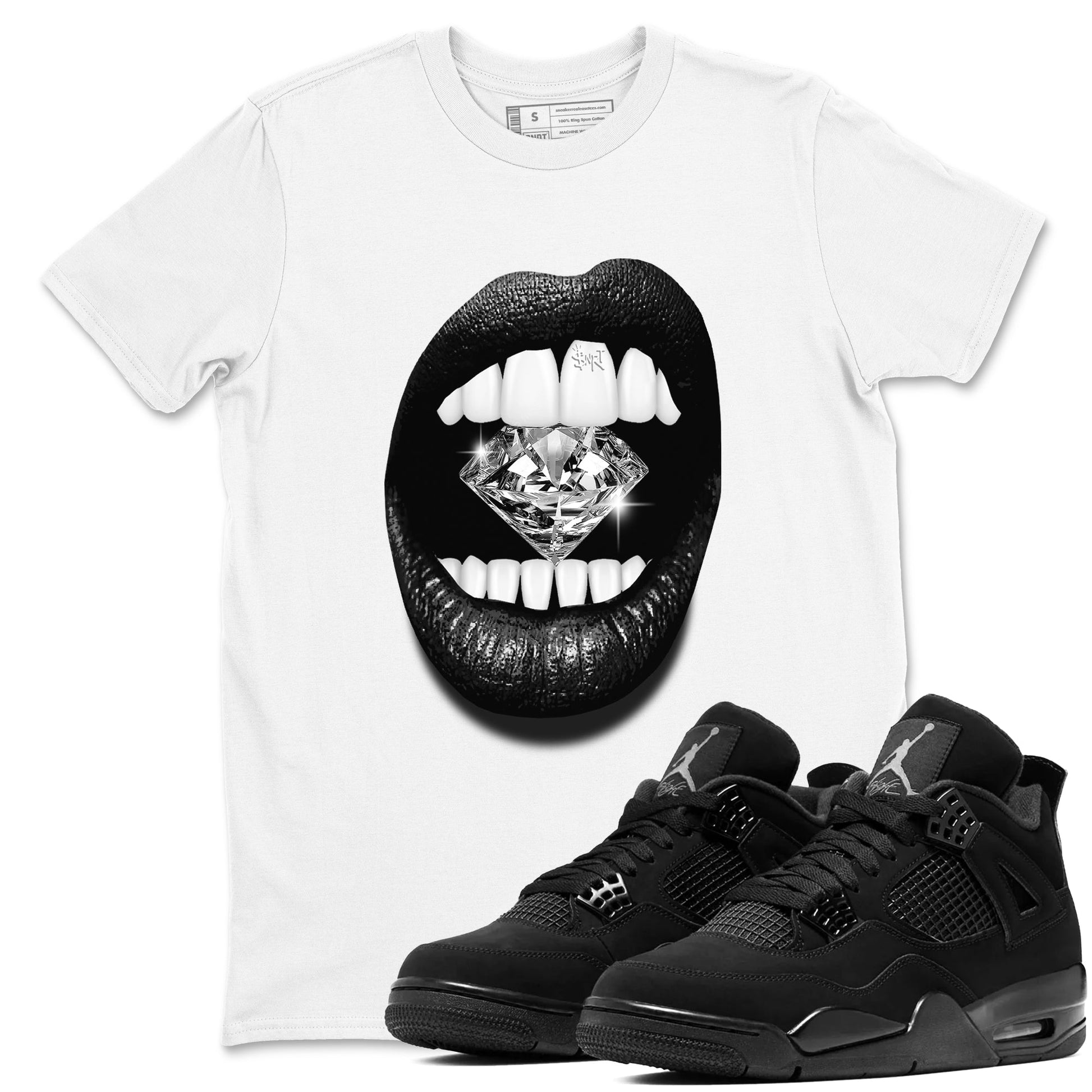 4s Black Cat Sneaker match tees – Sneaker Tees To Match Air Jordan 4 Black Cat Shoes – Lips Diamond Tee White 1