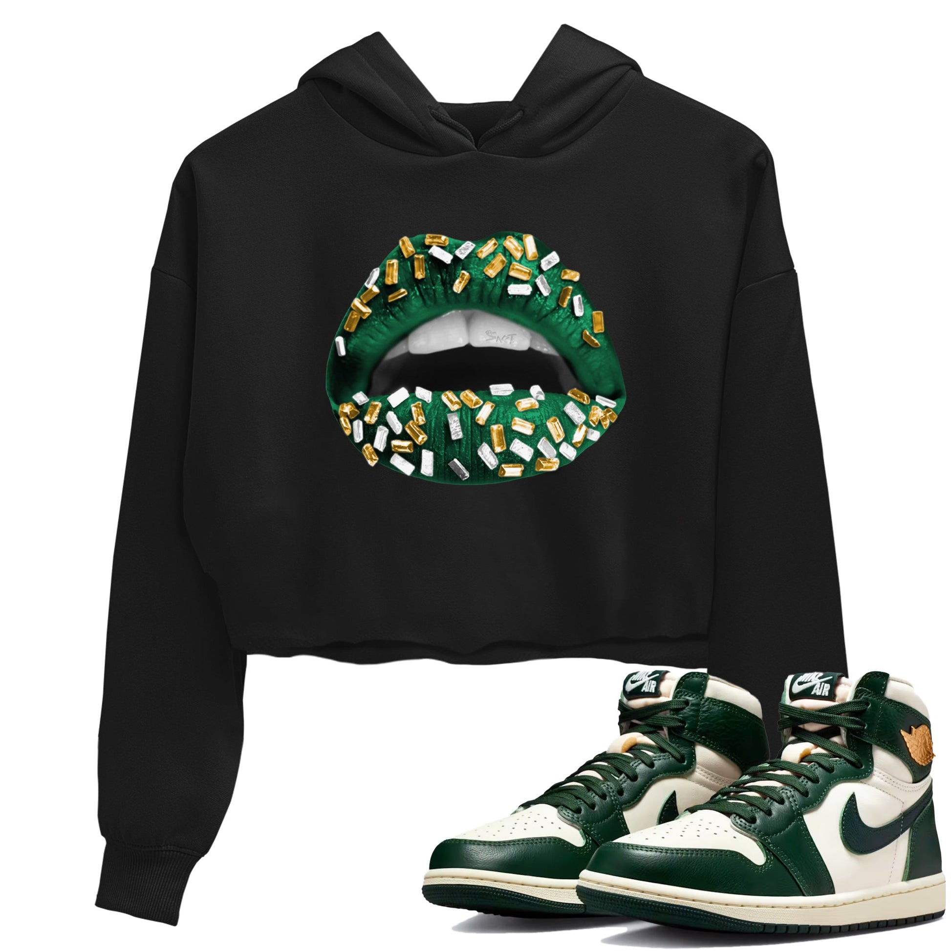 Sneaker Threads – Sneaker Tees To Match Air Jordan 1 Pro Green – Lips Jewel Crop Tee Black 1. Perfect for Jordan releases 2025 colorways.