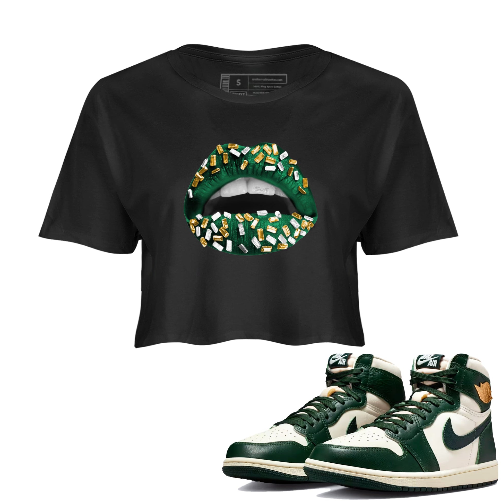 Sneaker Threads – Sneaker Tees To Match Air Jordan 1 Pro Green – Lips Jewel Crop Tee Black 1. Perfect for Jordan releases 2025 colorways.