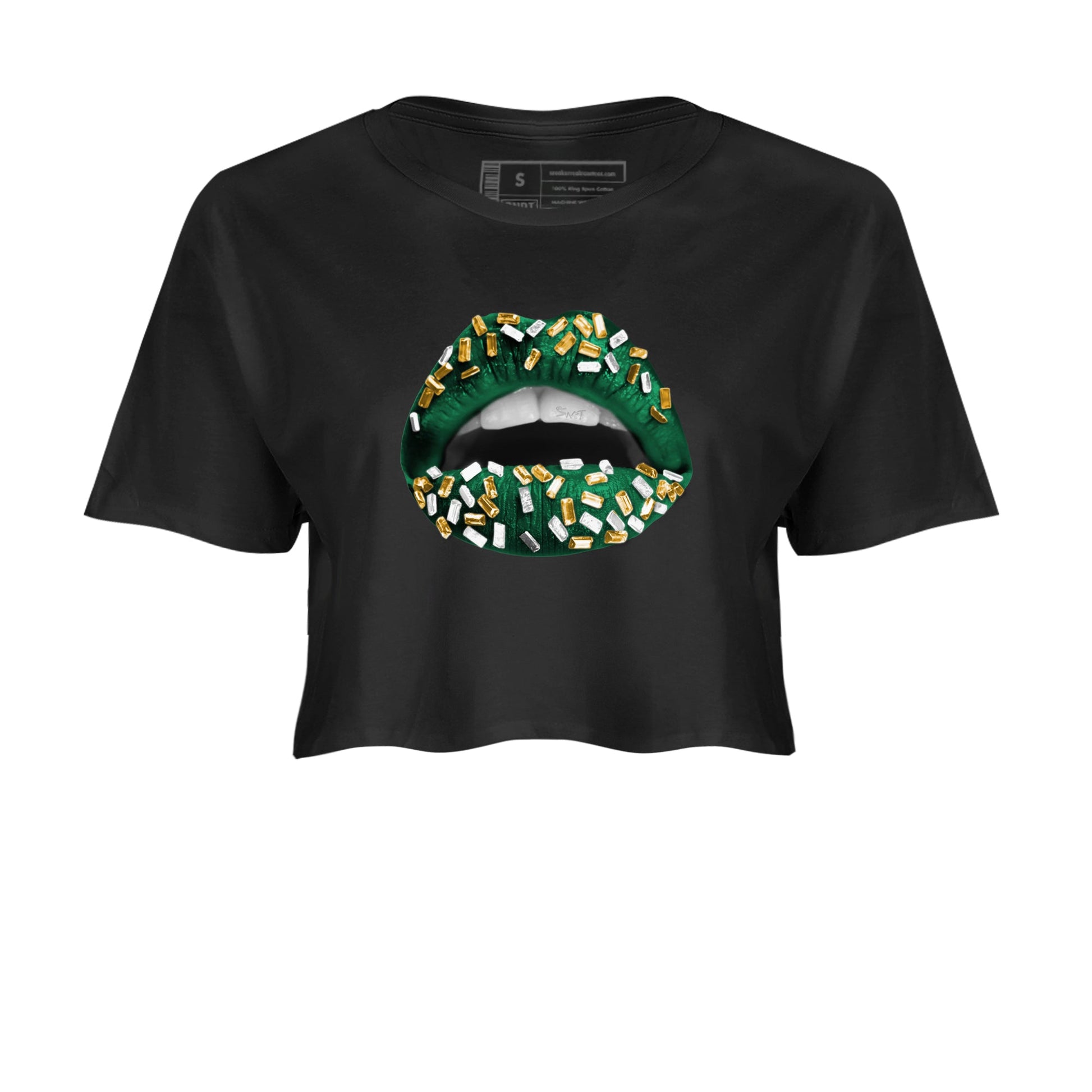 Sneaker Threads – Sneaker Tees To Match Air Jordan 1 Pro Green – Lips Jewel Crop Tee Black 2. Perfect for Jordan releases 2025 colorways.