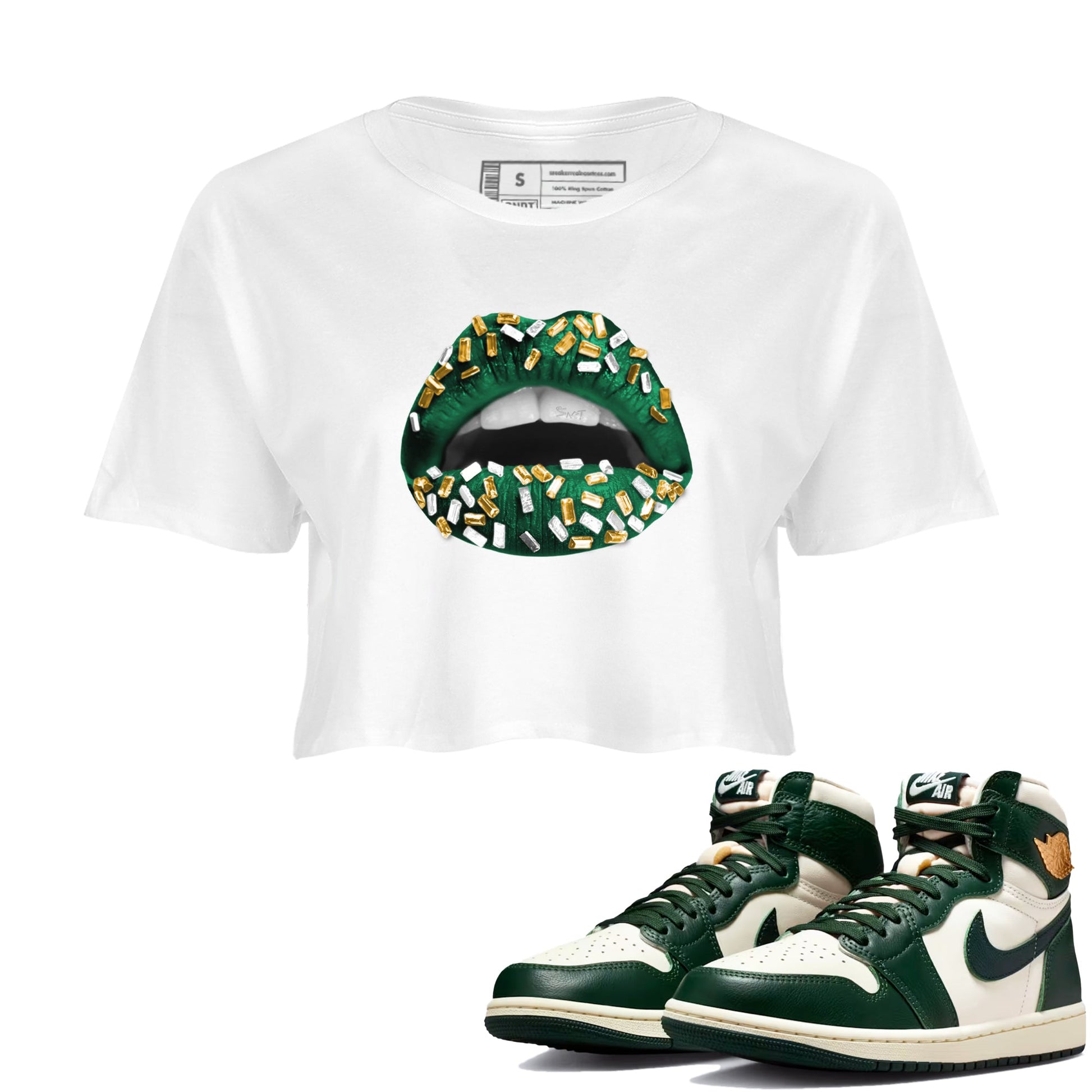 Sneaker Threads – Sneaker Tees To Match Air Jordan 1 Pro Green – Lips Jewel Crop Tee White 1. Perfect for Jordan releases 2025 colorways.