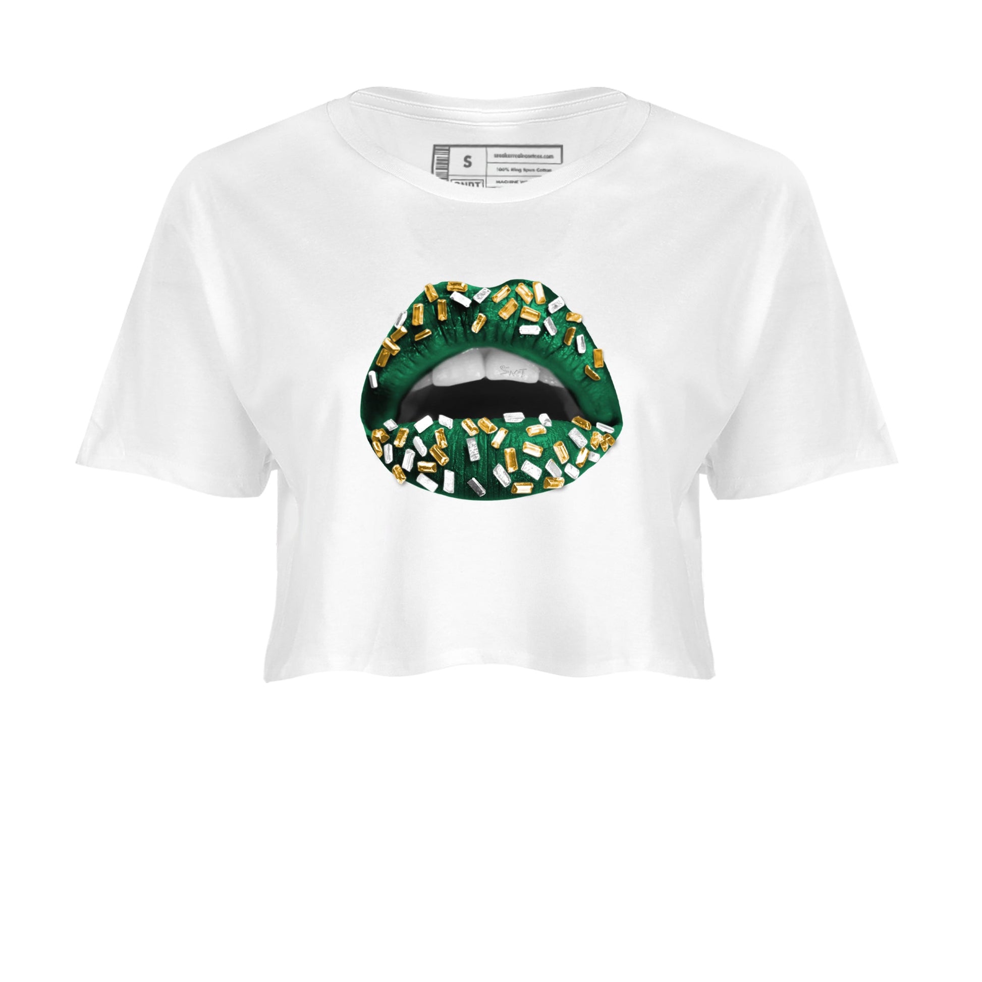 Sneaker Threads – Sneaker Tees To Match Air Jordan 1 Pro Green – Lips Jewel Crop Tee White 2. Perfect for Jordan releases 2025 colorways.