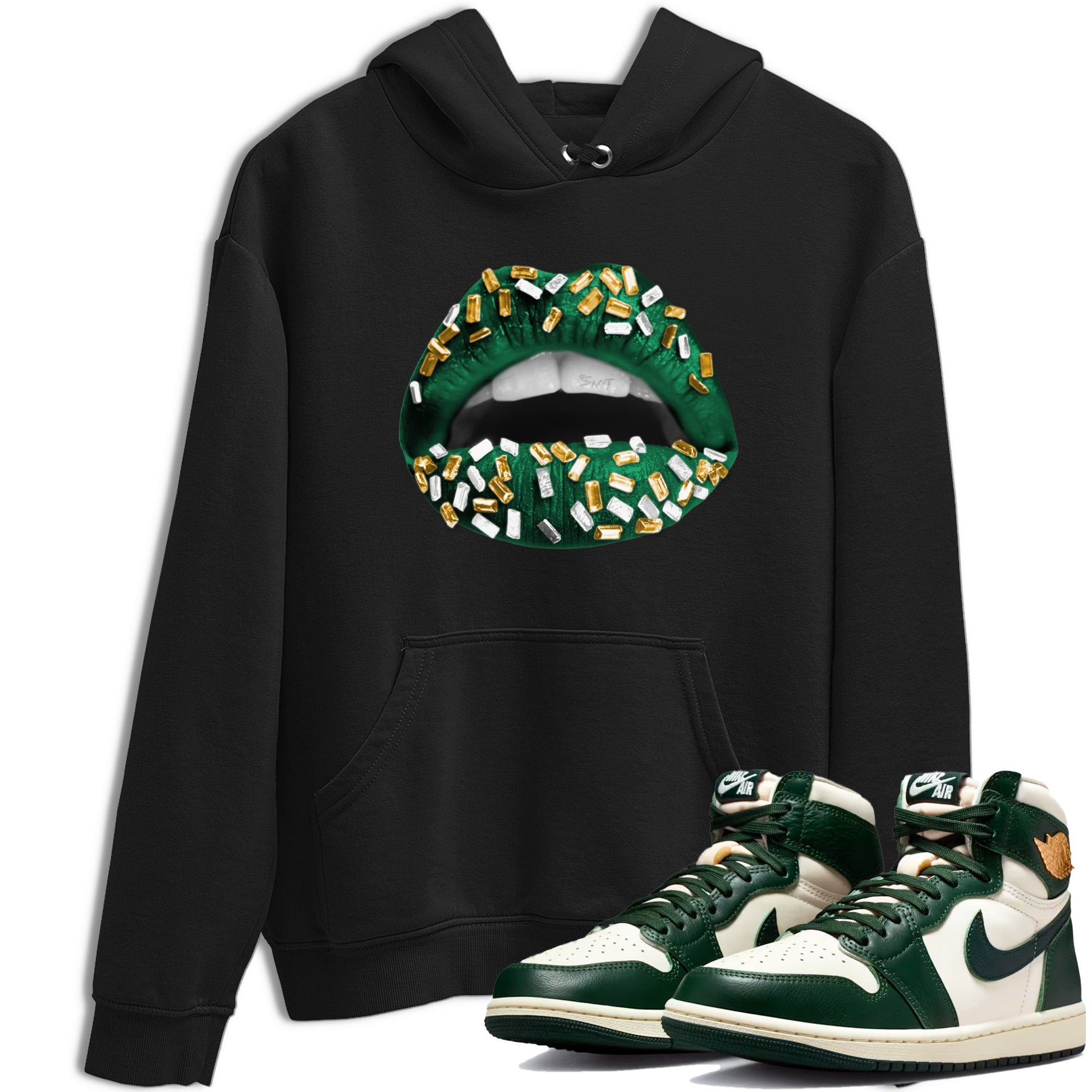 Sneaker Threads – Sneaker Tees To Match Air Jordan 1 Pro Green – Lips Jewel Graphic Tee Black 1. Perfect for Jordan releases 2025 colorways.