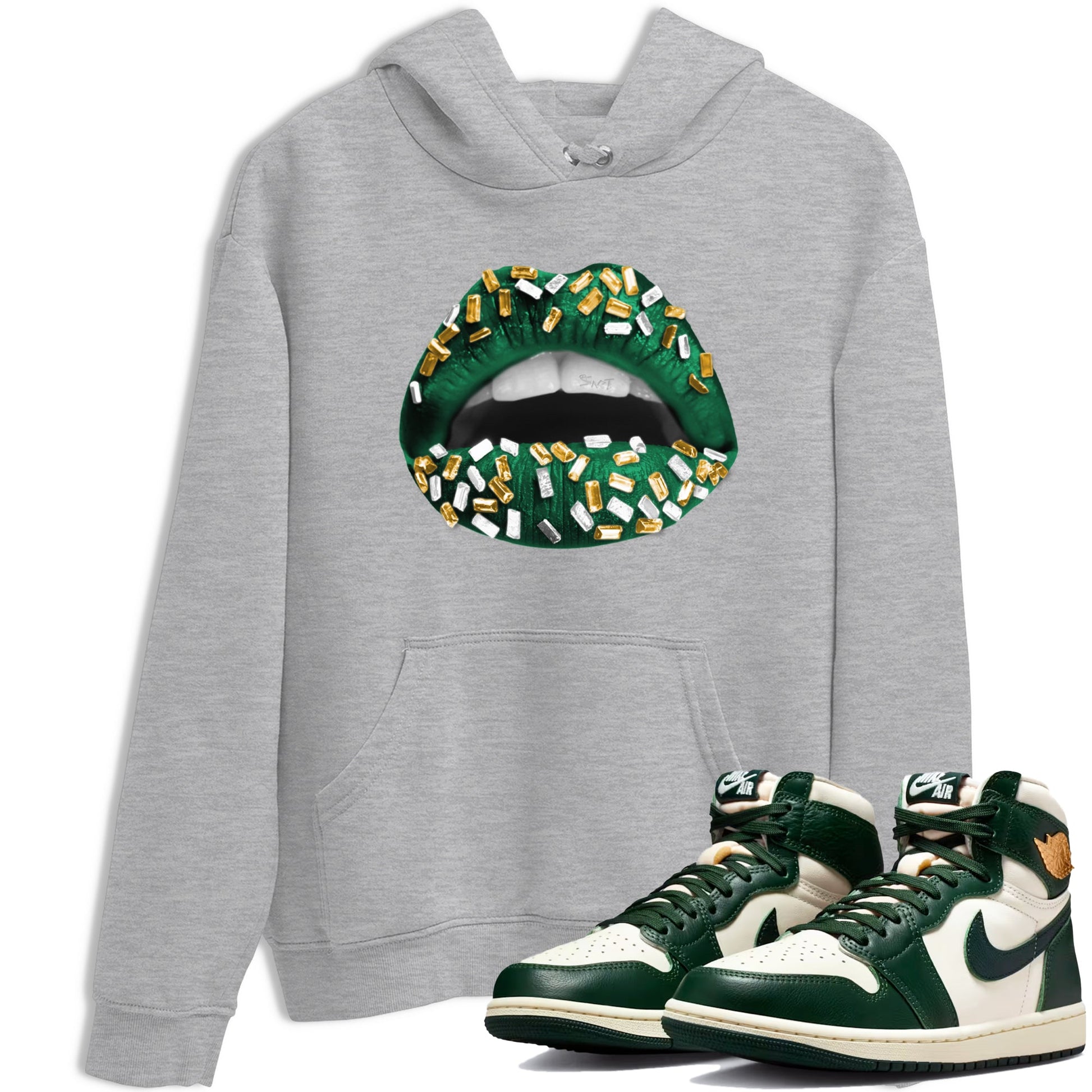 Sneaker Threads – Sneaker Tees To Match Air Jordan 1 Pro Green – Lips Jewel Graphic Tee Heather Grey 1. Perfect for Jordan releases 2025 colorways.