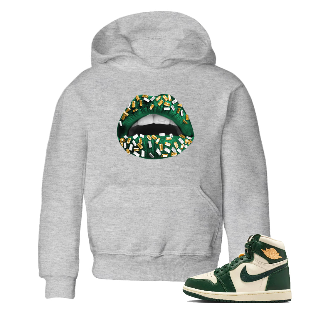 Sneaker Threads – Sneaker Tees To Match Air Jordan 1 Pro Green – Lips Jewel Youth Graphic Tee Heather Grey 1. Perfect for Jordan releases 2025 colorways.