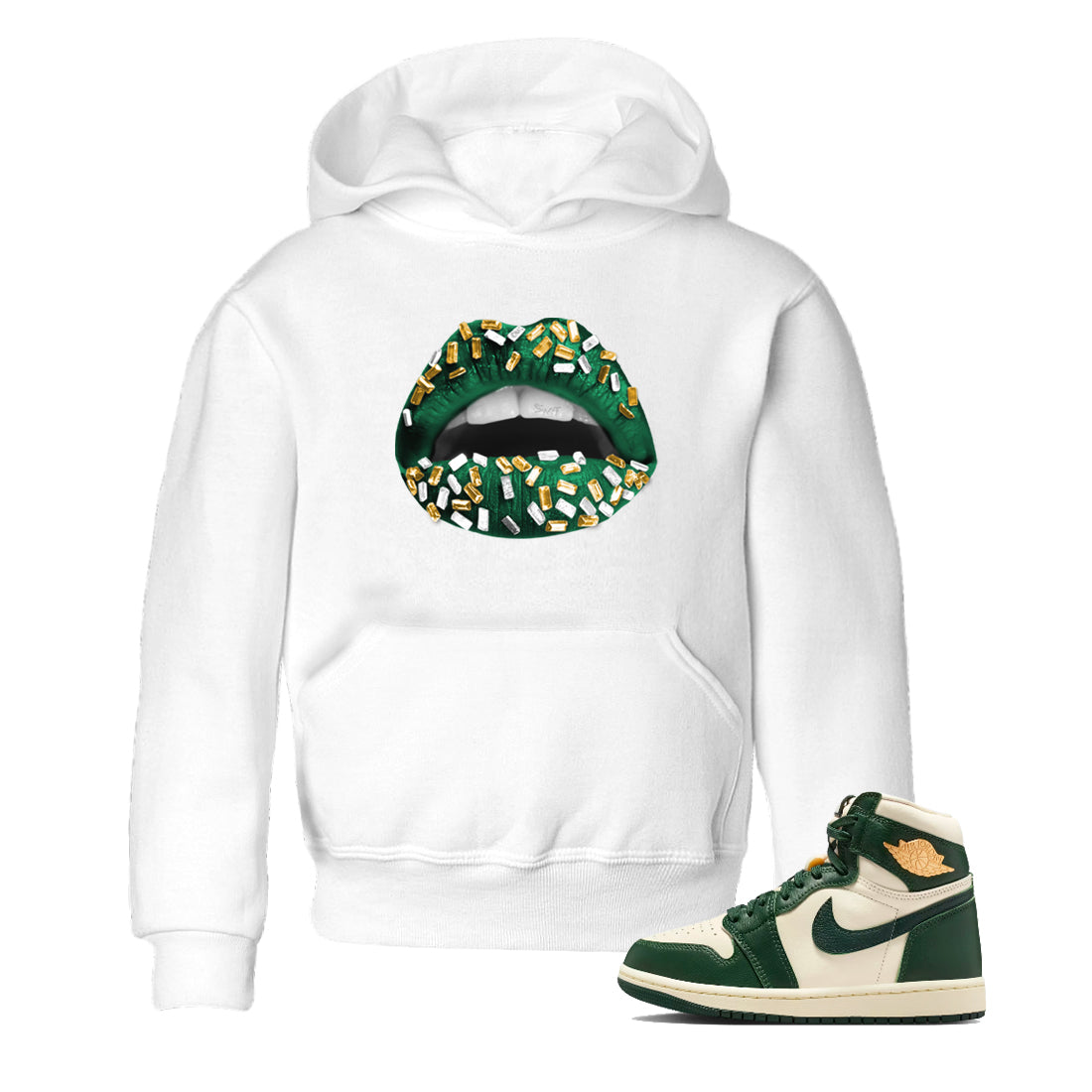 Sneaker Threads – Sneaker Tees To Match Air Jordan 1 Pro Green – Lips Jewel Youth Graphic Tee White 1. Perfect for Jordan releases 2025 colorways.