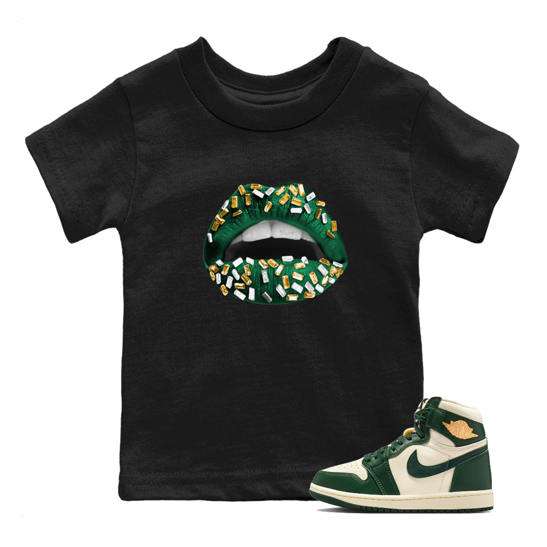 Sneaker Threads – Sneaker Tees To Match Air Jordan 1 Pro Green – Lips Jewel Youth Graphic Tee Black 1. Perfect for Jordan releases 2025 colorways.