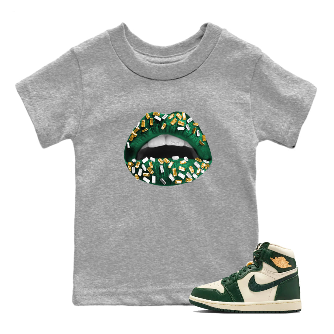 Sneaker Threads – Sneaker Tees To Match Air Jordan 1 Pro Green – Lips Jewel Youth Graphic Tee Heather Grey 1. Perfect for Jordan releases 2025 colorways.