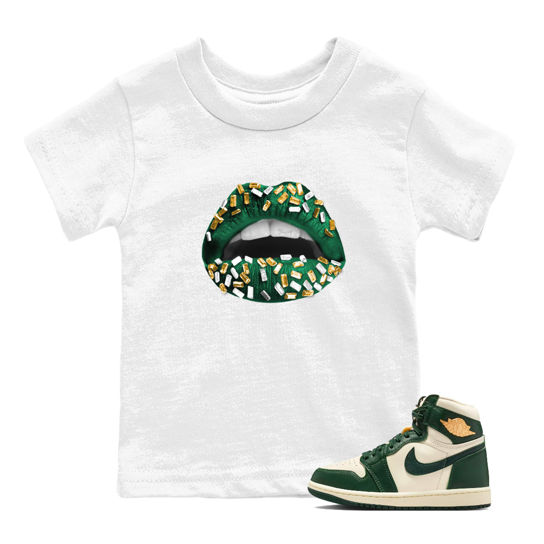 Sneaker Threads – Sneaker Tees To Match Air Jordan 1 Pro Green – Lips Jewel Youth Graphic Tee White 1. Perfect for Jordan releases 2025 colorways.