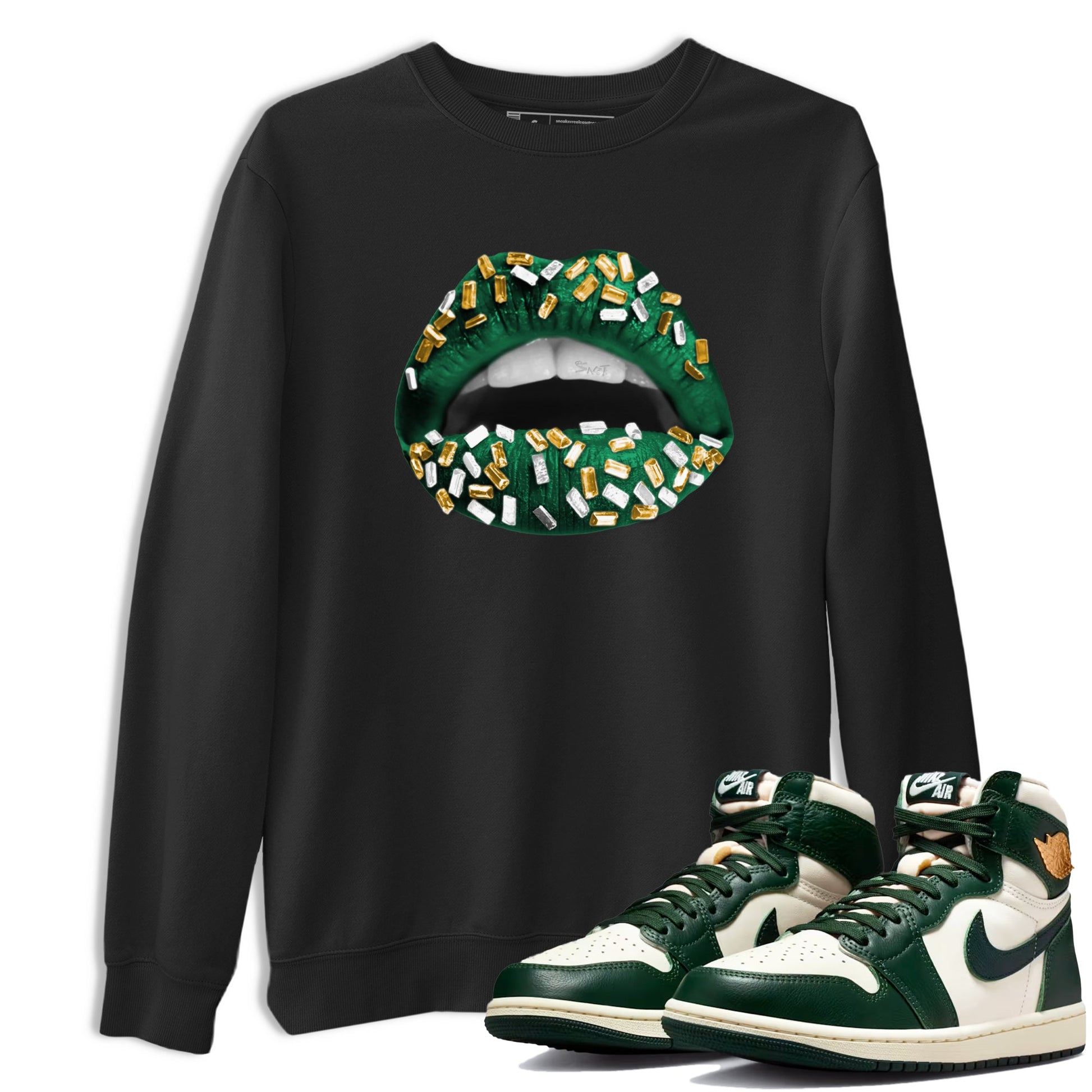 Sneaker Threads – Sneaker Tees To Match Air Jordan 1 Pro Green – Lips Jewel Graphic Tee Black 1. Perfect for Jordan releases 2025 colorways.