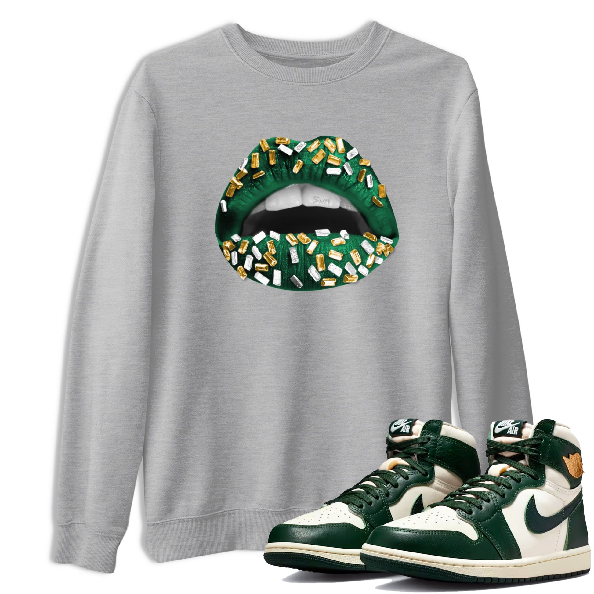 Sneaker Threads – Sneaker Tees To Match Air Jordan 1 Pro Green – Lips Jewel Graphic Tee Heather Grey 1. Perfect for Jordan releases 2025 colorways.