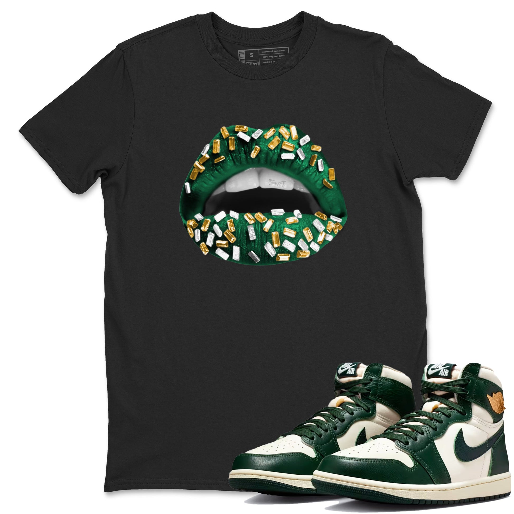 Sneaker Threads – Sneaker Tees To Match Air Jordan 1 Pro Green – Lips Jewel Graphic Tee Black 1. Perfect for Jordan releases 2025 colorways.