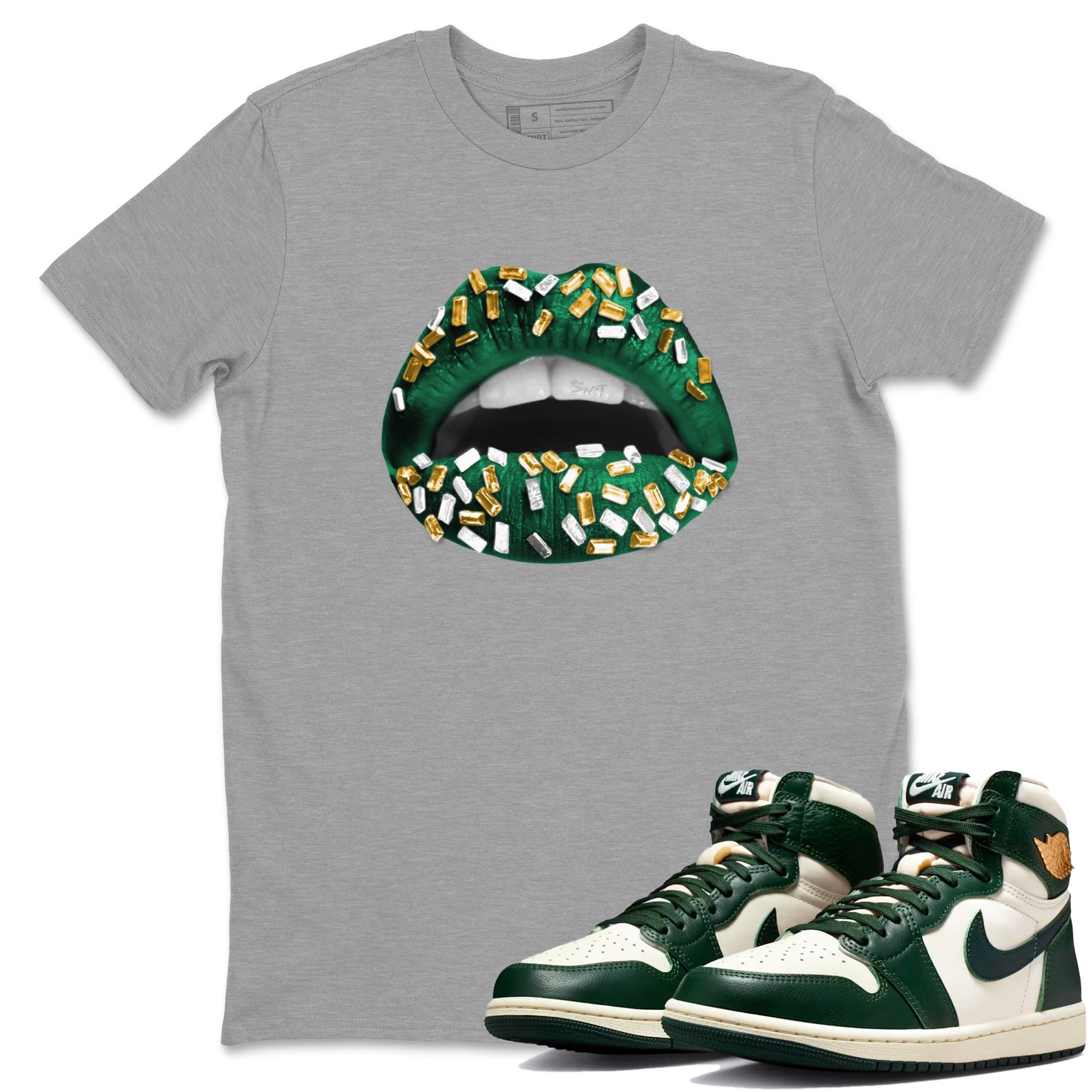 Sneaker Threads – Sneaker Tees To Match Air Jordan 1 Pro Green – Lips Jewel Graphic Tee Heather Grey 1. Perfect for Jordan releases 2025 colorways.