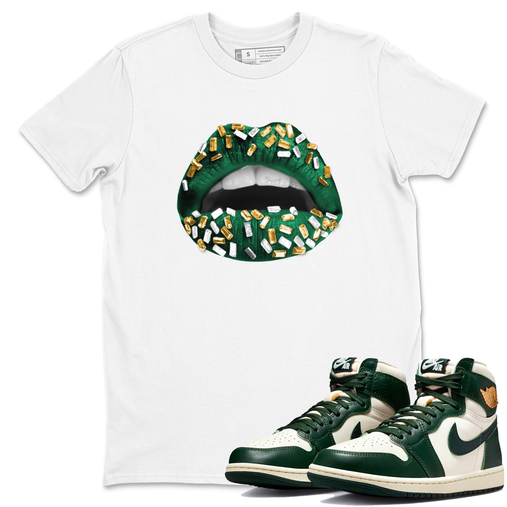 Sneaker Threads – Sneaker Tees To Match Air Jordan 1 Pro Green – Lips Jewel Graphic Tee White 1. Perfect for Jordan releases 2025 colorways.