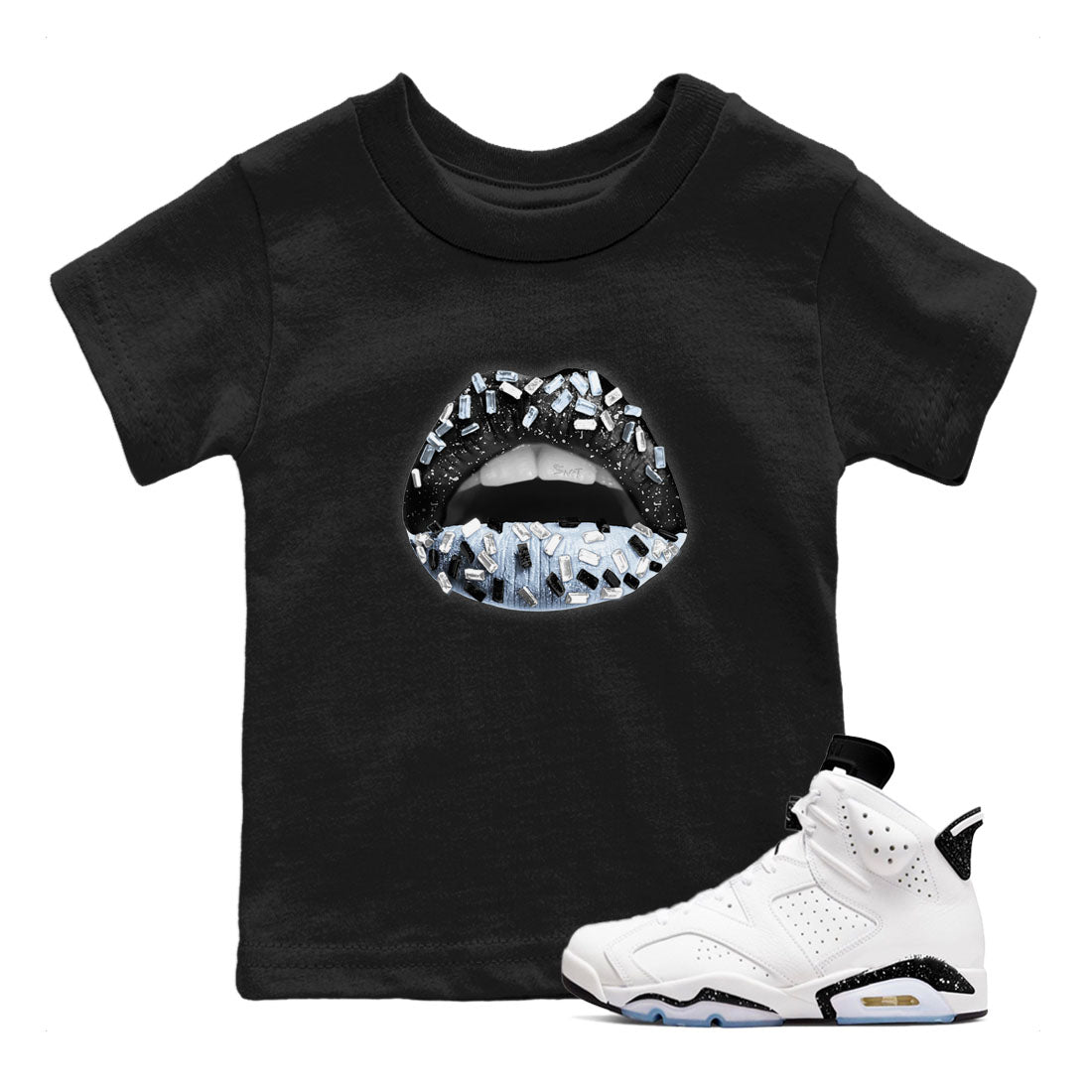 AJ6 White Black shirts to match jordans Lips Jewel sneaker match tees Air Jordan 6 White Black SNRT Sneaker Tees streetwear brand Baby and Youth Black 1 cotton tee