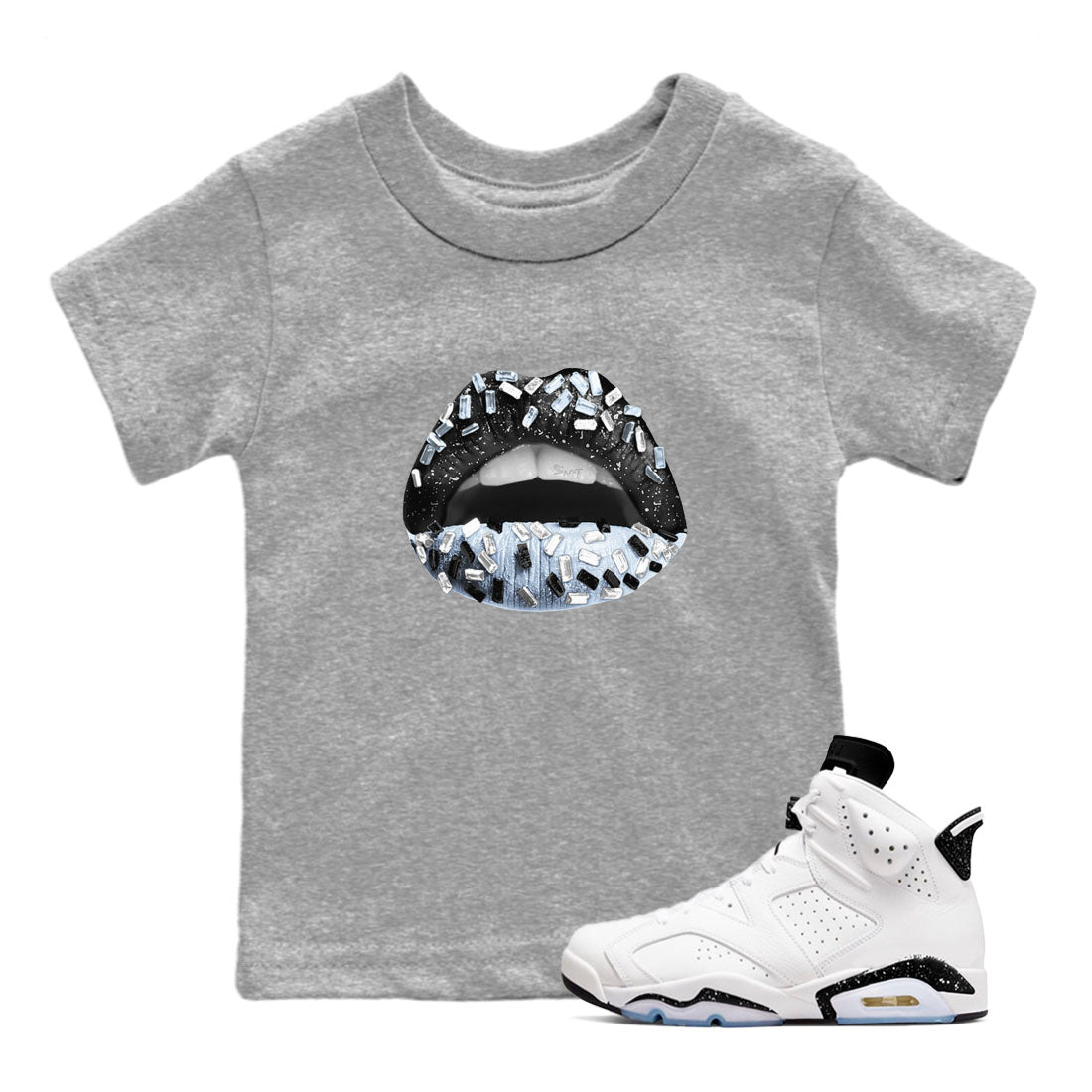 AJ6 White Black shirts to match jordans Lips Jewel sneaker match tees Air Jordan 6 White Black SNRT Sneaker Tees streetwear brand Baby and Youth Heather Grey 1 cotton tee