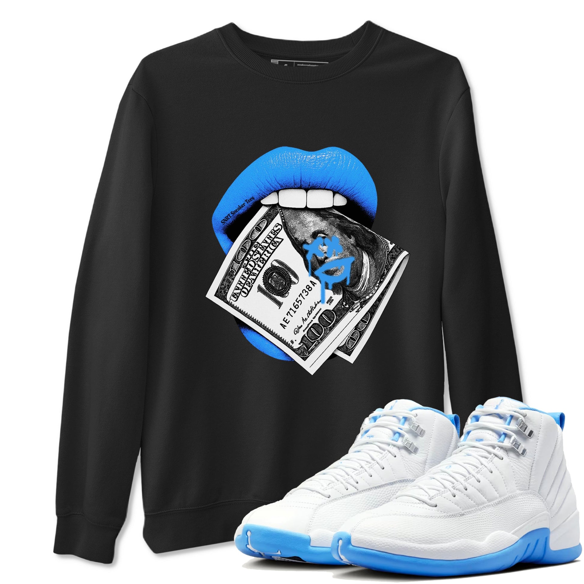Lips Money sneaker match t-shirt styled to complete your fit with the Air Jordan 12 White and University Blue sneakers, shown in Black 1.