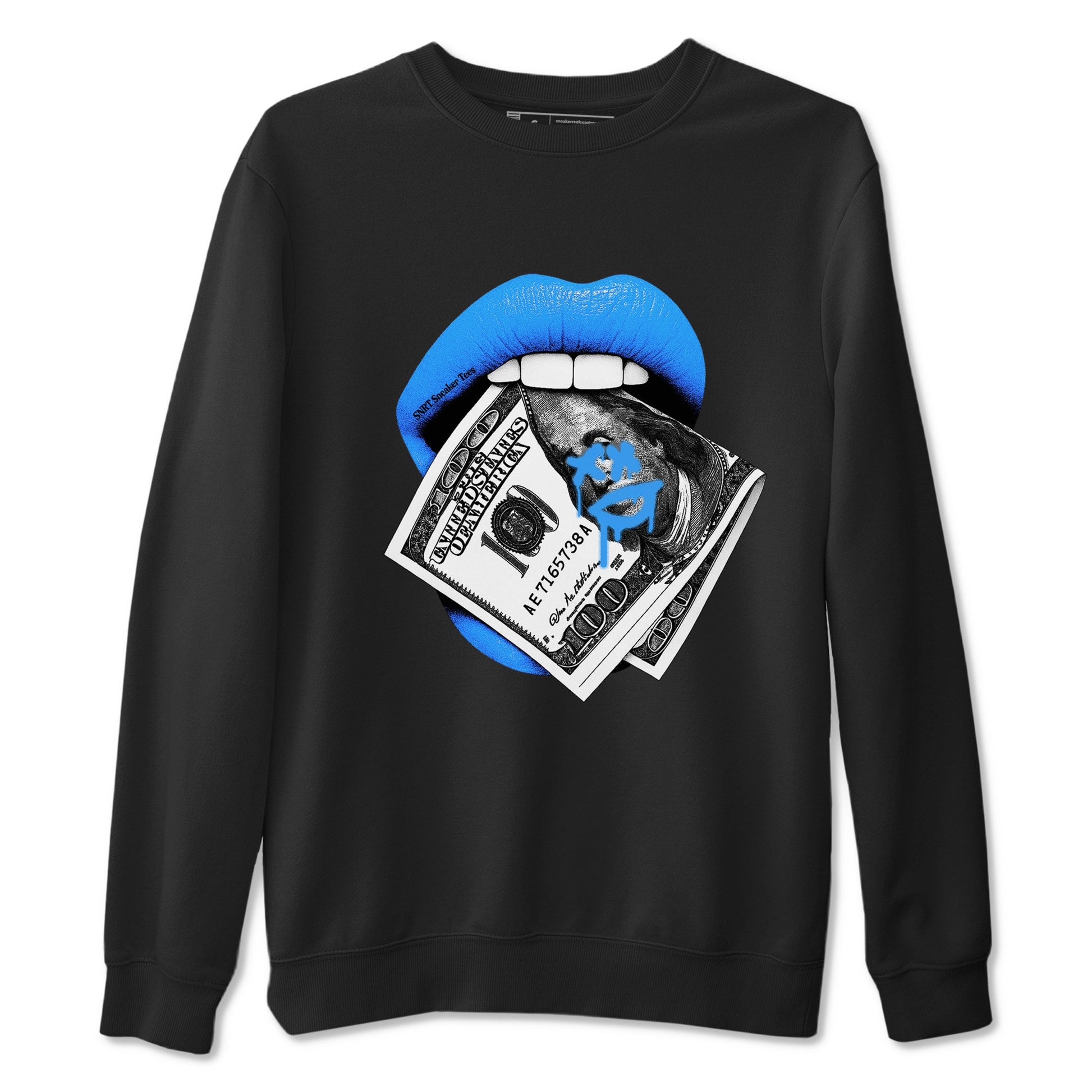 Lips Money sneaker match t-shirt styled to complete your fit with the Air Jordan 12 White and University Blue sneakers, shown in Black 2.