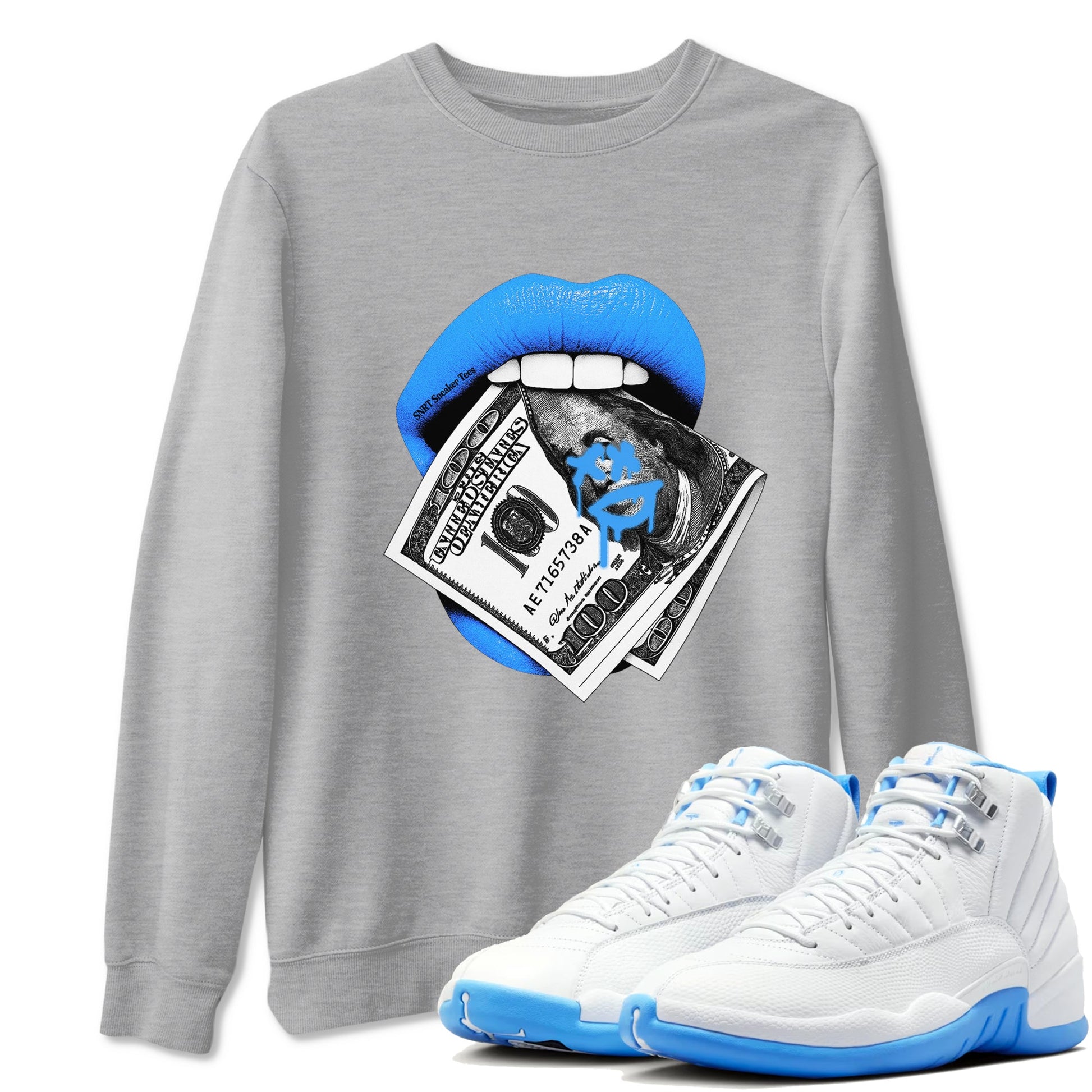 Lips Money sneaker match t-shirt styled to complete your fit with the Air Jordan 12 White and University Blue sneakers, shown in Heather Grey 1.