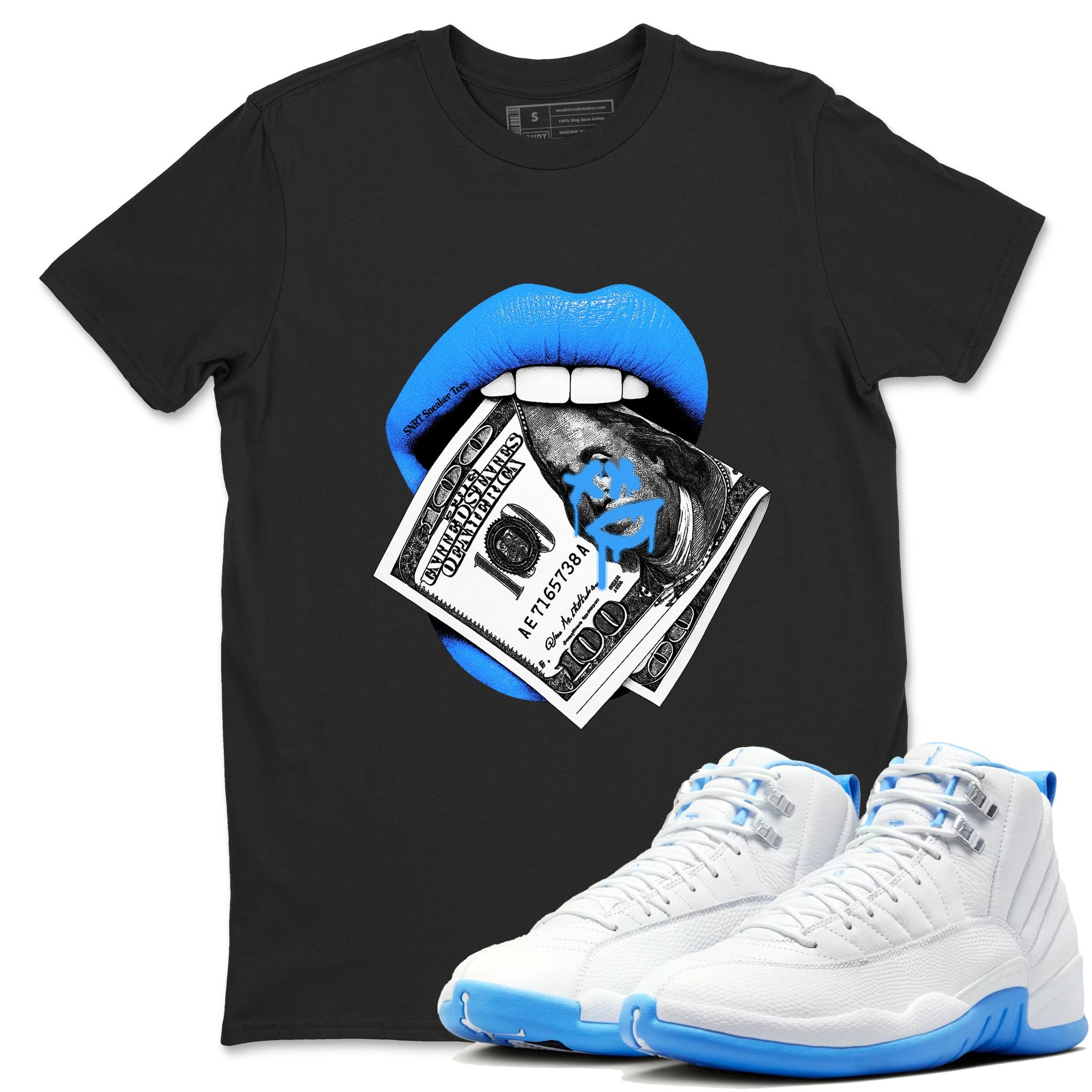 Lips Money sneaker match t-shirt styled to complete your fit with the Air Jordan 12 White and University Blue sneakers, shown in Black 1.