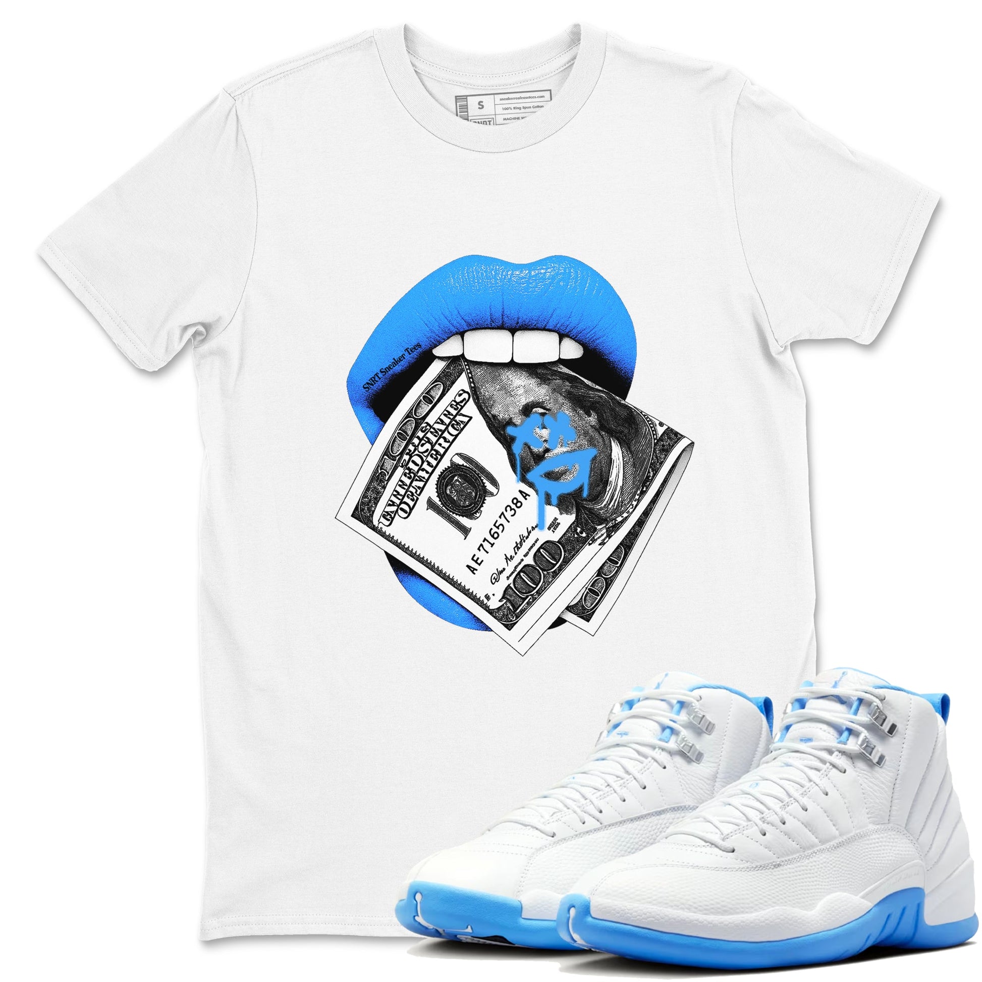 Lips Money sneaker match t-shirt styled to complete your fit with the Air Jordan 12 White and University Blue sneakers, shown in White 1.