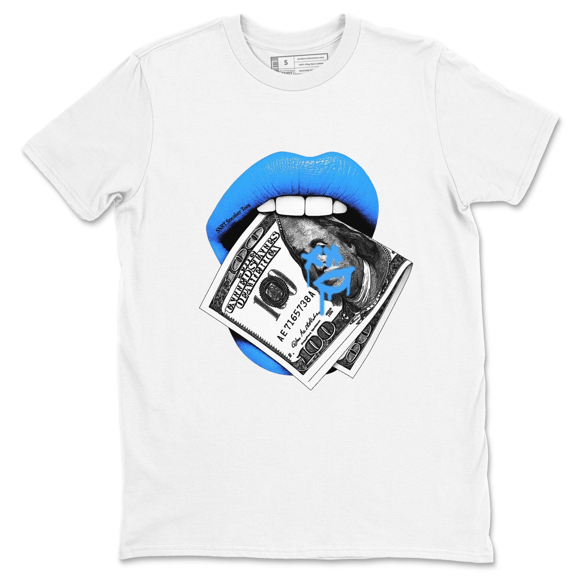 Lips Money sneaker match t-shirt styled to complete your fit with the Air Jordan 12 White and University Blue sneakers, shown in White 2.