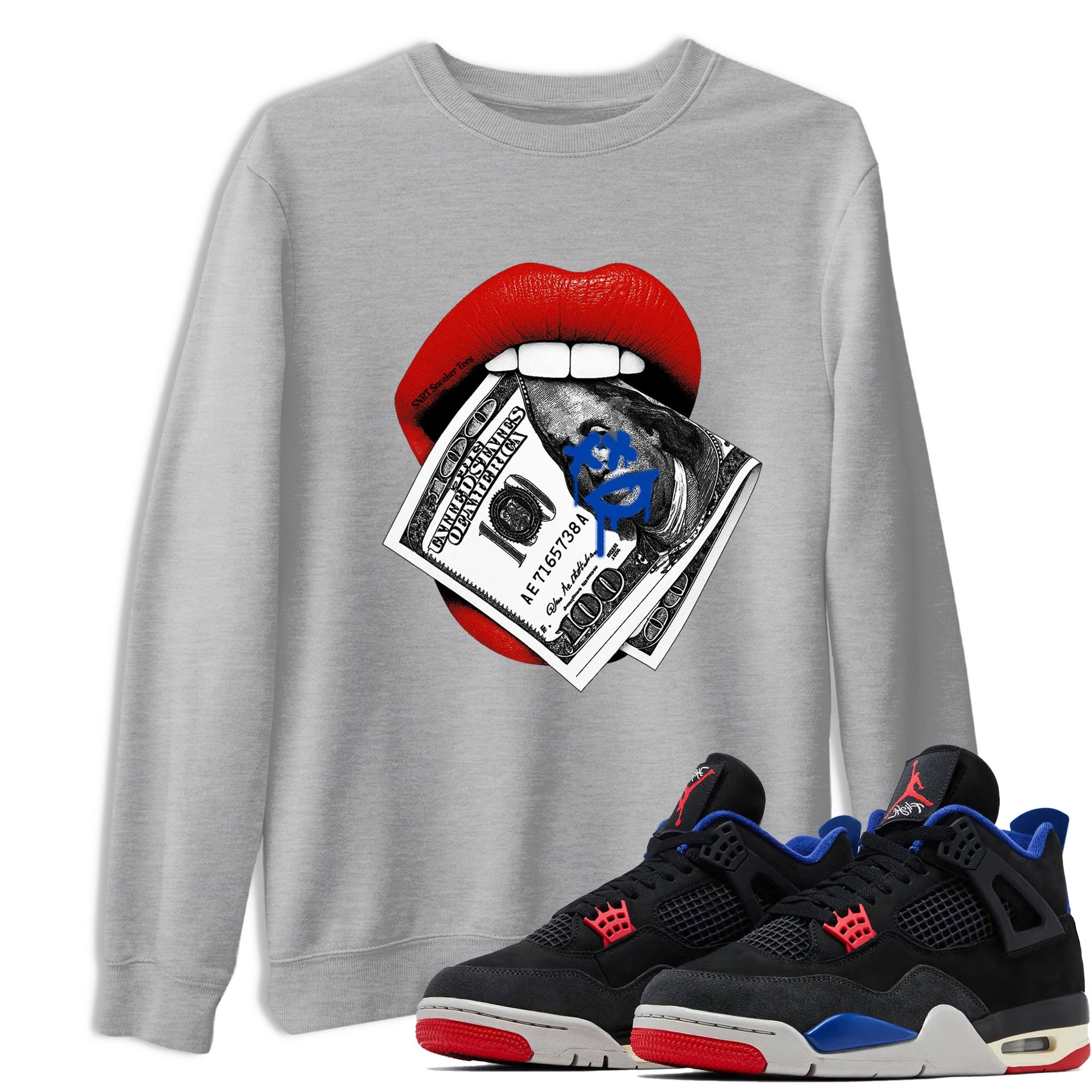 Sneaker match tees – Sneaker Tees To Match Jordan 4 Retro Rare Air Shoes – Lips Money Tee Heather Grey 1