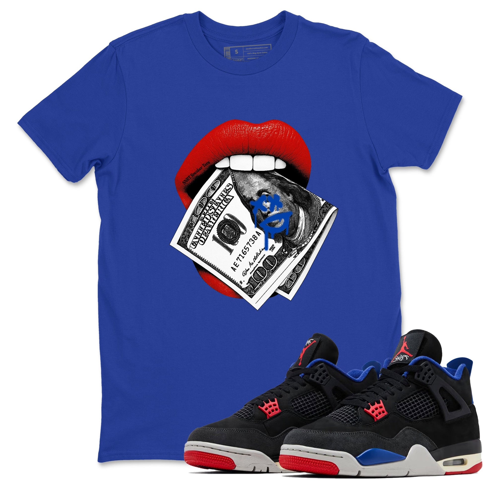 Sneaker match tees – Sneaker Tees To Match Jordan 4 Retro Rare Air Shoes – Lips Money Tee Royal Blue 1
