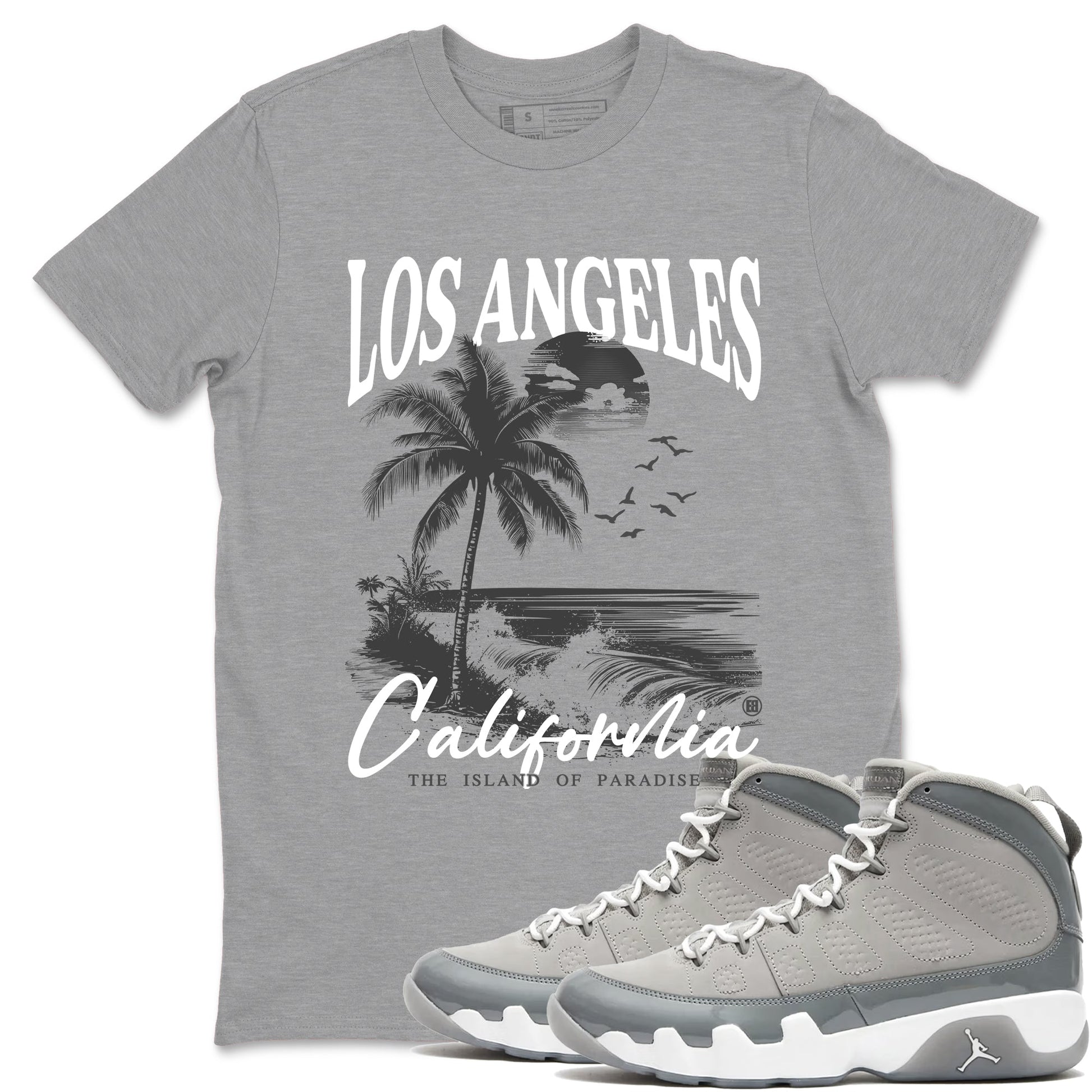 9s Cool Grey shirts to match jordans Los Angeles California best t shirts to wear with jordans AJ 9 Retro Cool Grey match shoes to clothes SNRT Sneaker Tees unisex cotton Heather Grey 1 shirts