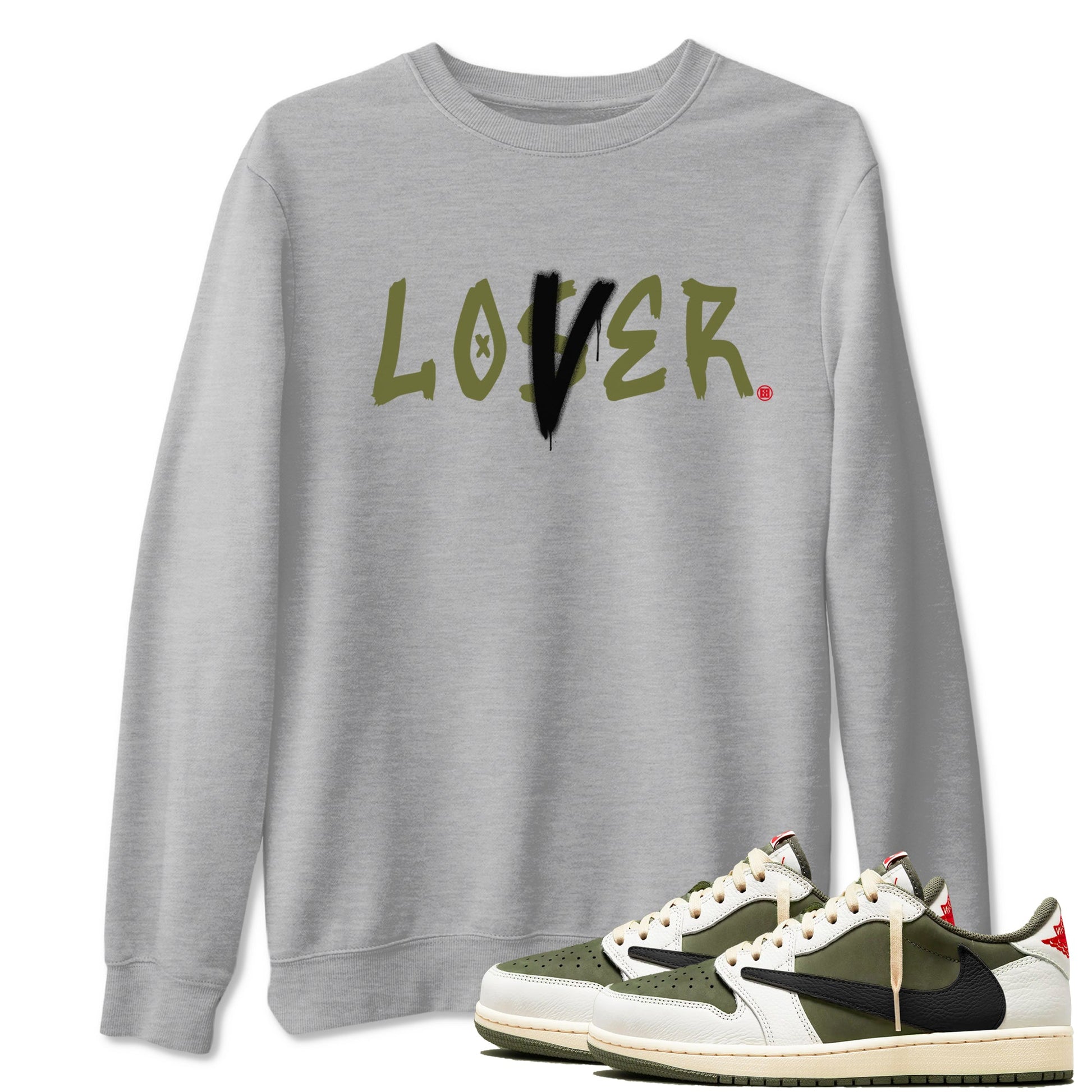1s Travis Scott Medium Olive shirts to match jordans Loser Lover sneaker match tees Air Jordan 1 Travis Scott Medium Olive SNRT Sneaker Tees streetwear brand Heather Grey 1 unisex cotton tee