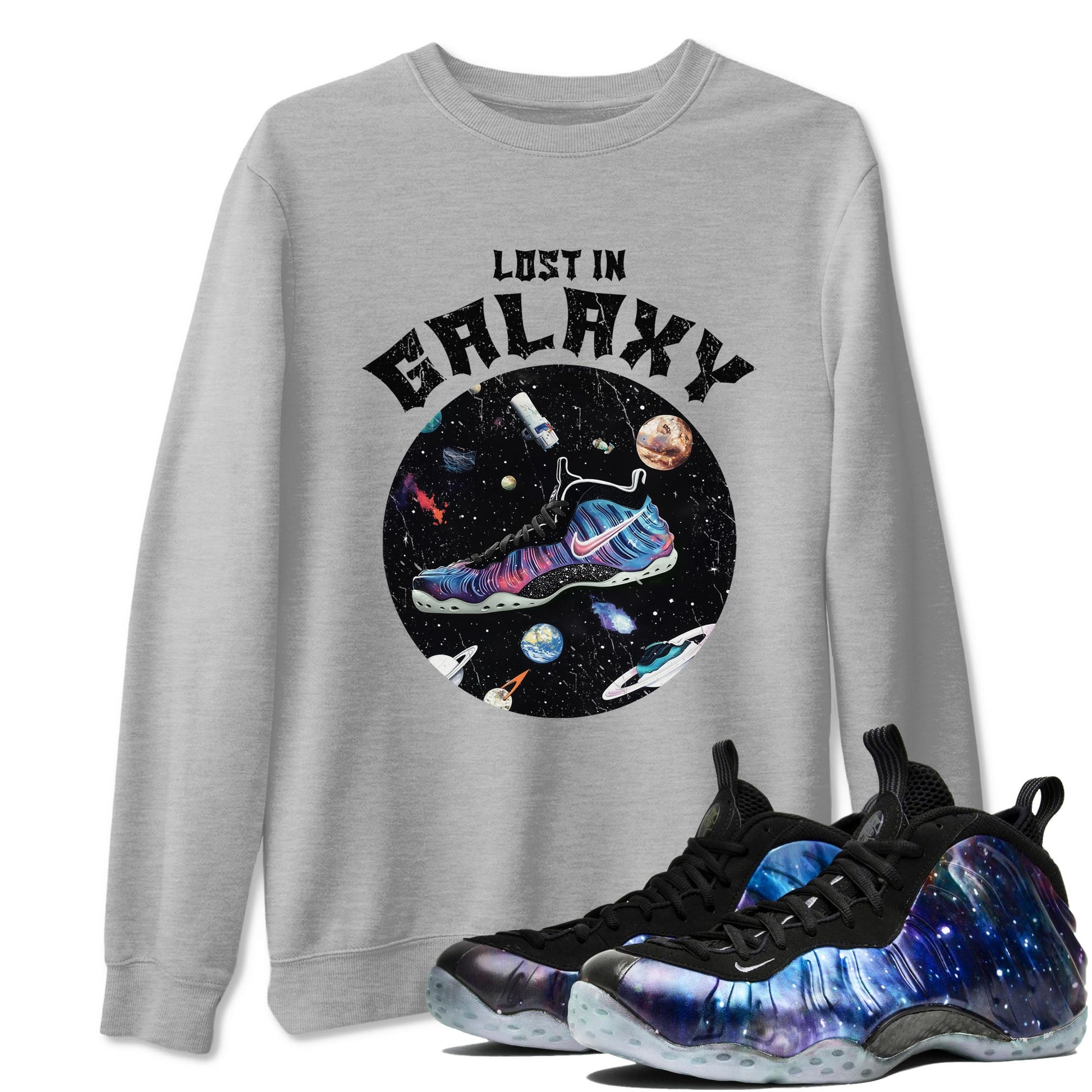 Foams One Galaxy shirts to match jordans Lost In Galaxy best t shirts to wear with jordans Air Foamposite One Galaxy match shoes to clothes SNRT Sneaker Tees unisex cotton Heather Grey 1 shirts