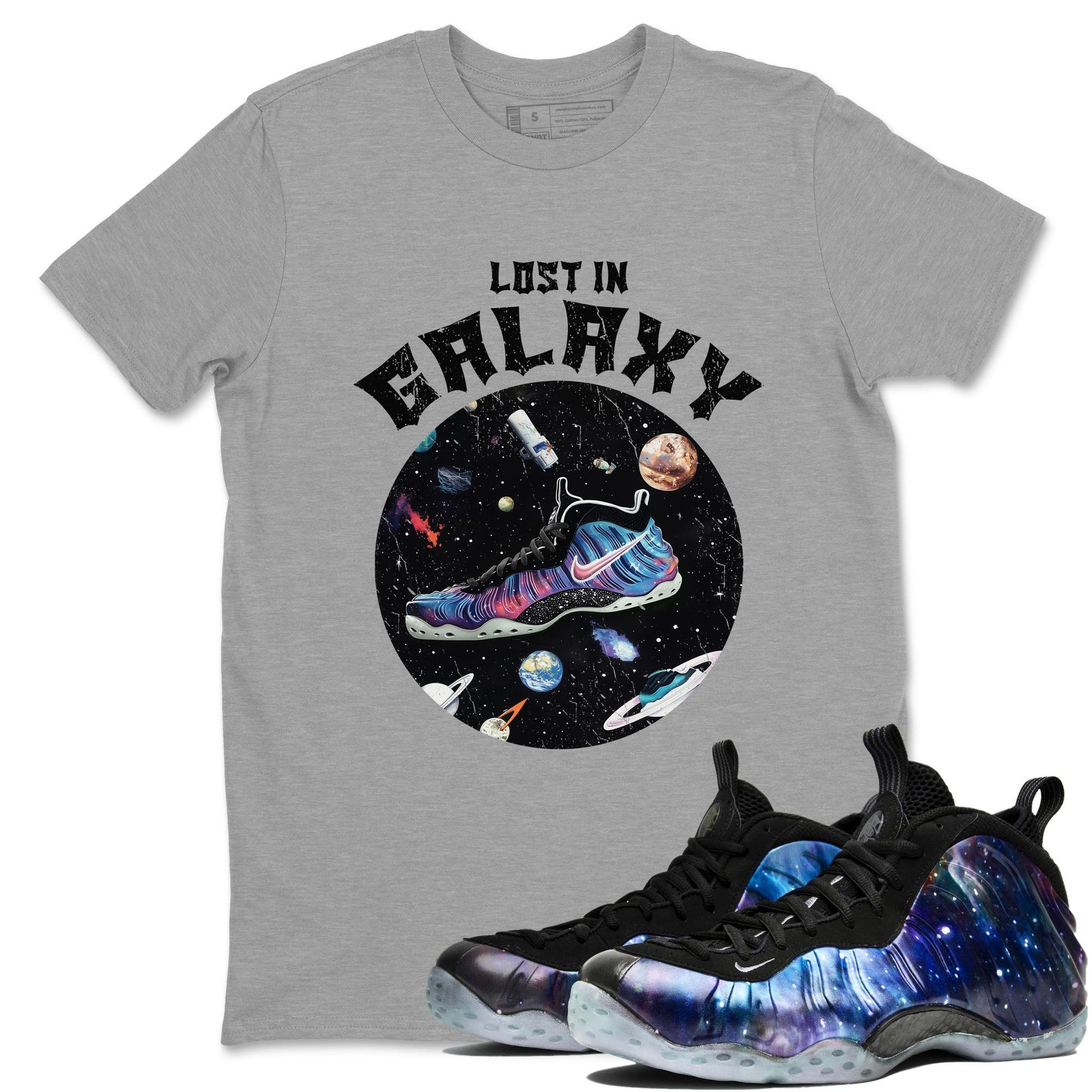 Foams One Galaxy shirts to match jordans Lost In Galaxy best t shirts to wear with jordans Air Foamposite One Galaxy match shoes to clothes SNRT Sneaker Tees unisex cotton Heather Grey 1 shirts