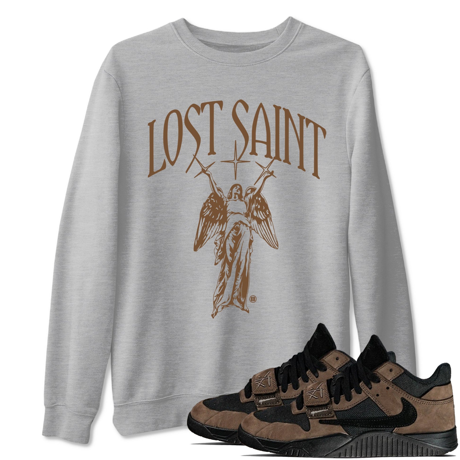 Jordan Jumpman Jack Travis Scott Dark Mocha shirts to match jordans Lost Saint graphic tees Jordan Jumpman Jack Travis Scott Dark Mocha t shirts to match sneakers SNRT Sneaker Tees unisex cotton Heather Grey 1 shirts