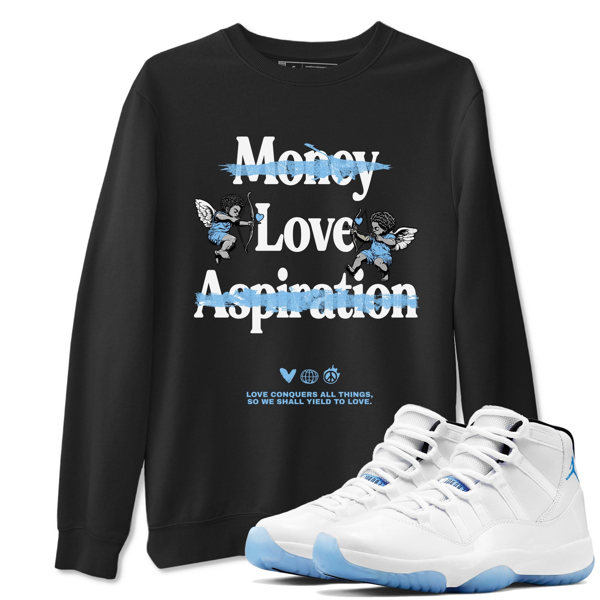 11s Legend Blue shirts to match jordans Love Conquers All Things best t shirts to wear with jordans Air Jordan 11 Retro Legend Blue match shoes to clothes SNRT Sneaker Tees unisex cotton Black 1 shirts