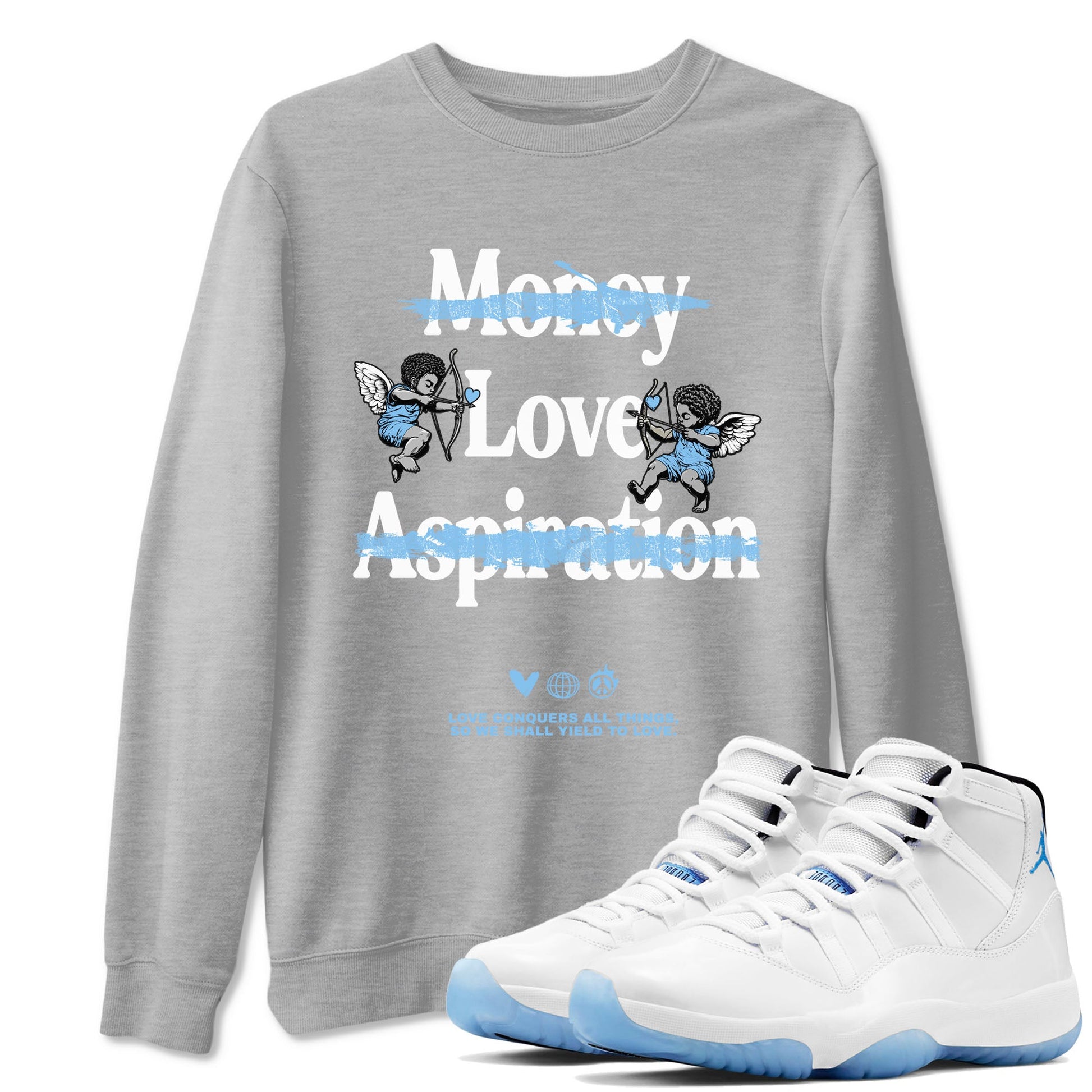 11s Legend Blue shirts to match jordans Love Conquers All Things best t shirts to wear with jordans Air Jordan 11 Retro Legend Blue match shoes to clothes SNRT Sneaker Tees unisex cotton Heather Grey 1 shirts