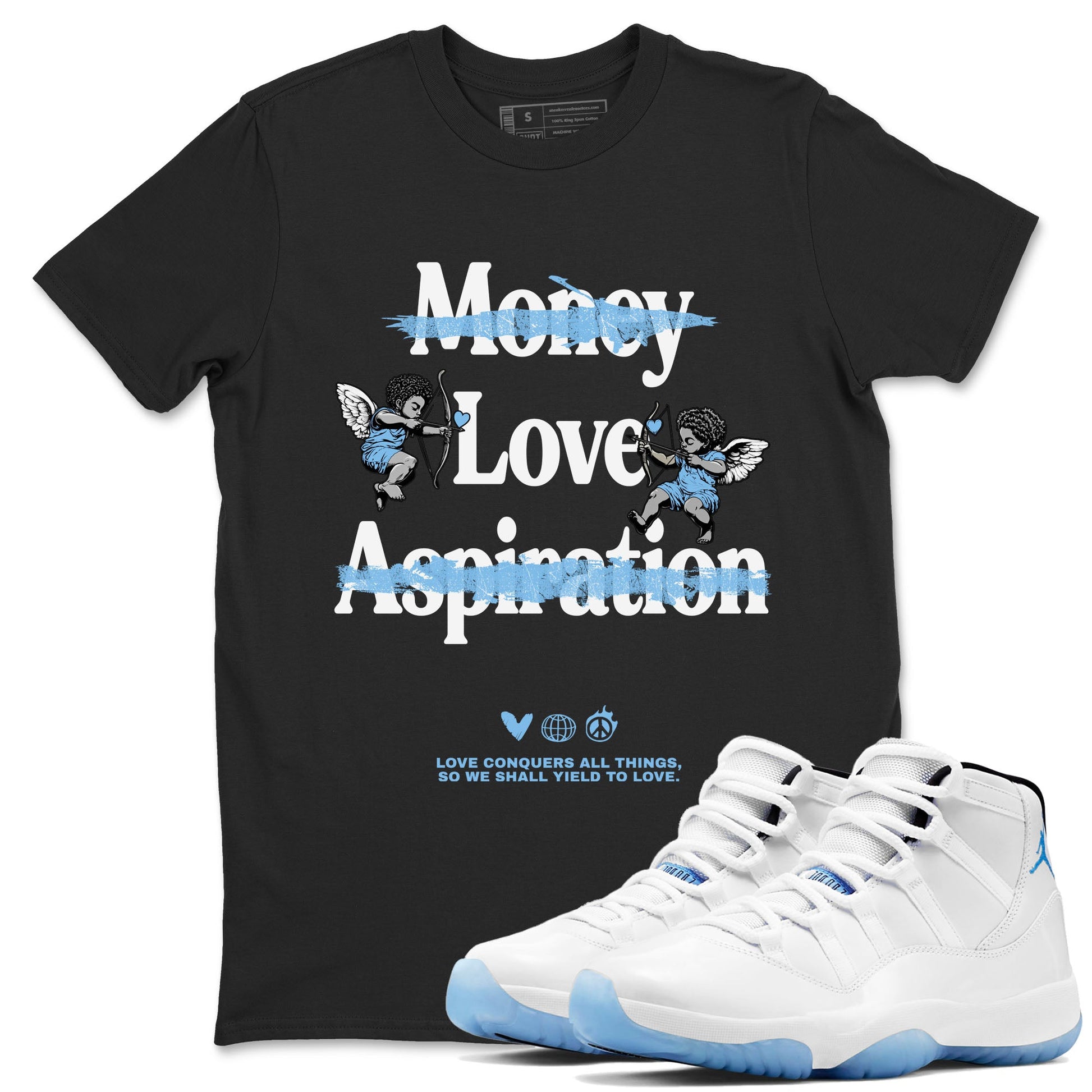11s Legend Blue shirts to match jordans Love Conquers All Things best t shirts to wear with jordans Air Jordan 11 Retro Legend Blue match shoes to clothes SNRT Sneaker Tees unisex cotton Black 1 shirts