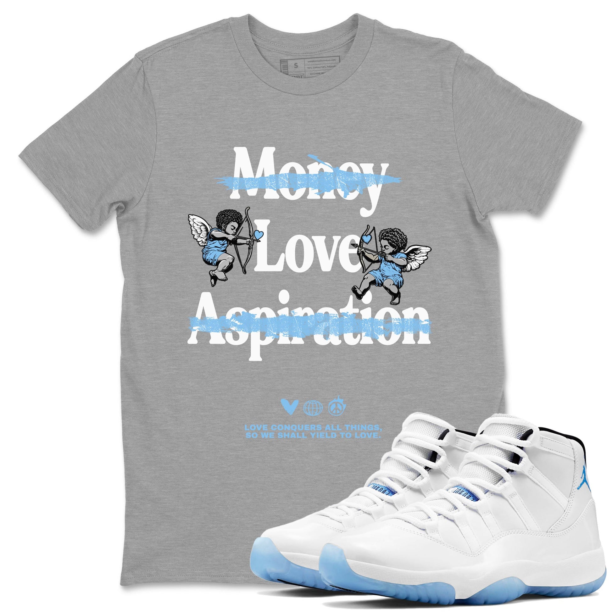 11s Legend Blue shirts to match jordans Love Conquers All Things best t shirts to wear with jordans Air Jordan 11 Retro Legend Blue match shoes to clothes SNRT Sneaker Tees unisex cotton Heather Grey 1 shirts