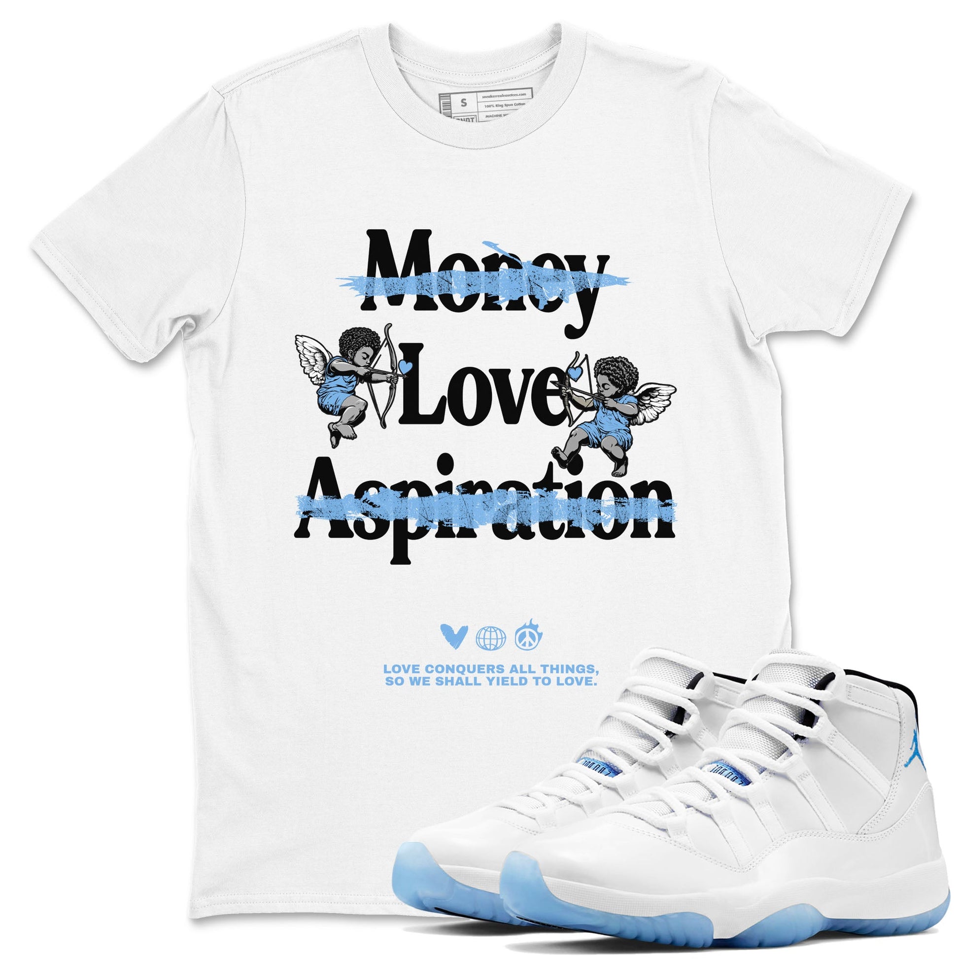 11s Legend Blue shirts to match jordans Love Conquers All Things best t shirts to wear with jordans Air Jordan 11 Retro Legend Blue match shoes to clothes SNRT Sneaker Tees unisex cotton White 1 shirts