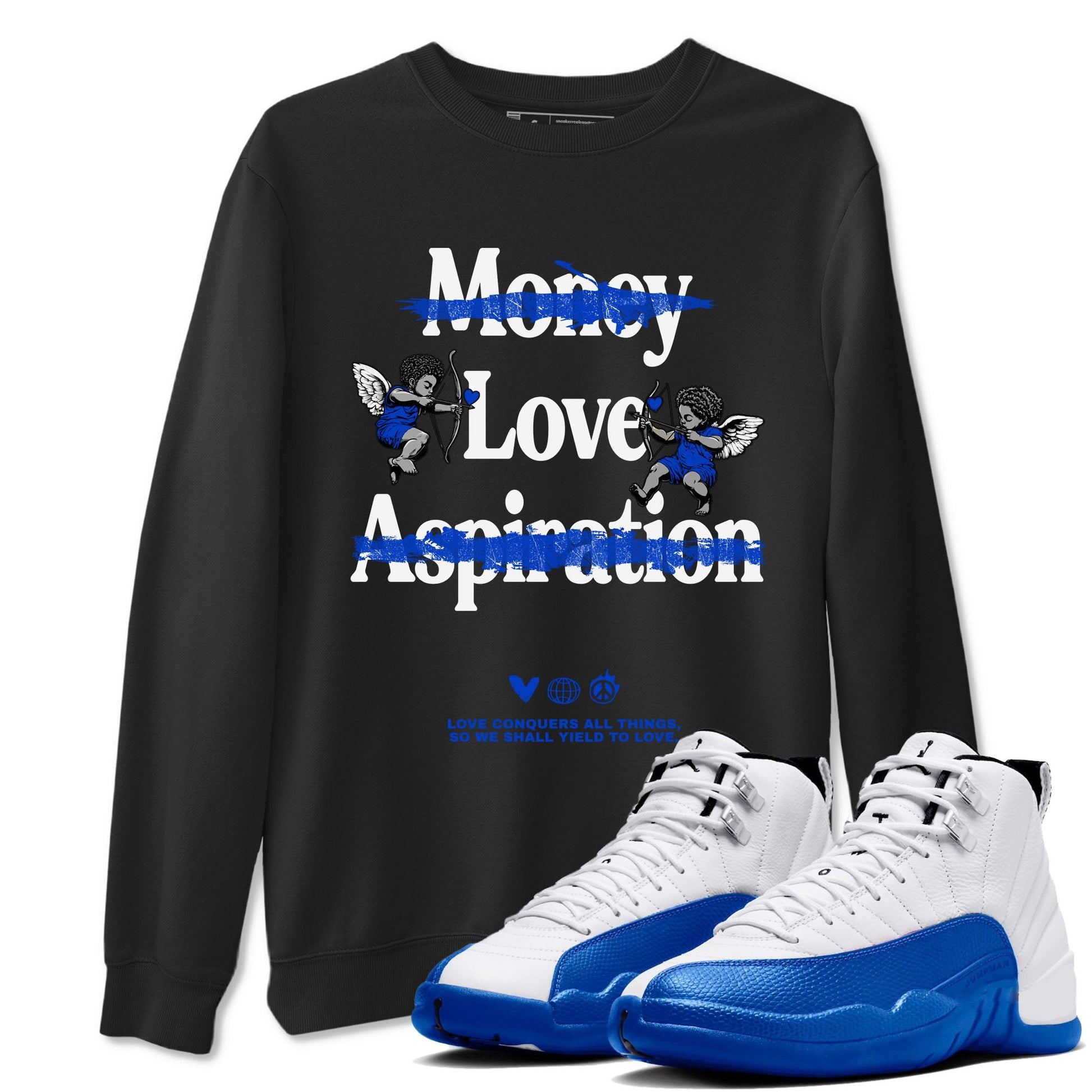12s Blueberry shirts to match jordans Love Conquers All Things best t shirts to wear with jordans Air Jordan 12 Retro Blueberry match shoes to clothes SNRT Sneaker Tees unisex cotton Black 1 shirts