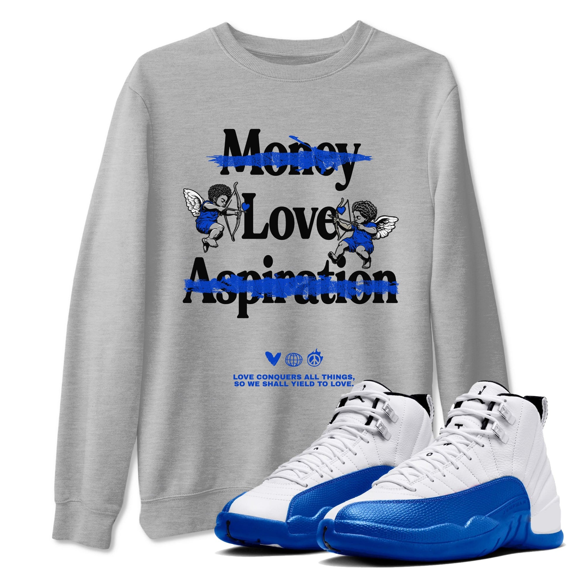 12s Blueberry shirts to match jordans Love Conquers All Things best t shirts to wear with jordans Air Jordan 12 Retro Blueberry match shoes to clothes SNRT Sneaker Tees unisex cotton Heather Grey 1 shirts