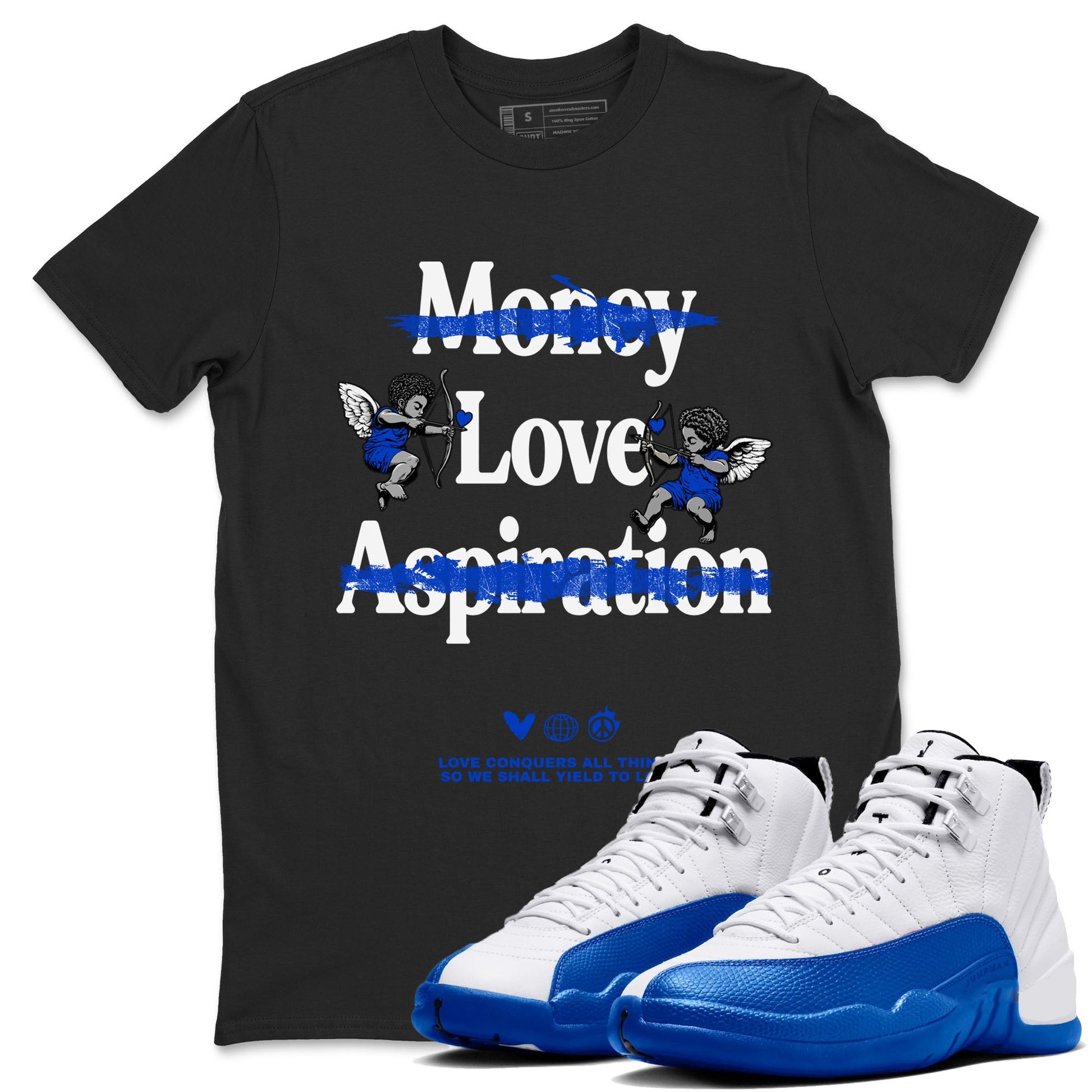 12s Blueberry shirts to match jordans Love Conquers All Things best t shirts to wear with jordans Air Jordan 12 Retro Blueberry match shoes to clothes SNRT Sneaker Tees unisex cotton Black 1 shirts
