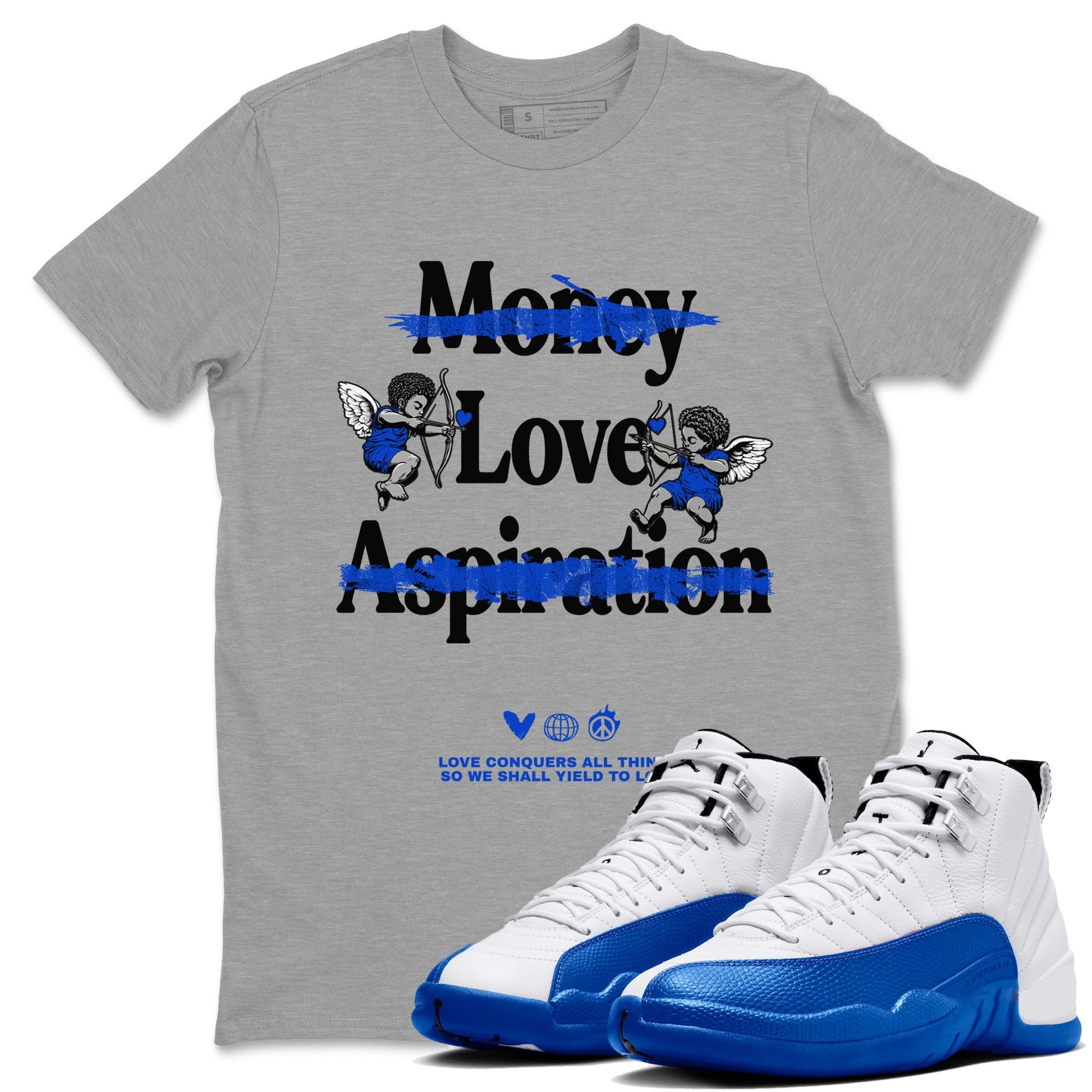 12s Blueberry shirts to match jordans Love Conquers All Things best t shirts to wear with jordans Air Jordan 12 Retro Blueberry match shoes to clothes SNRT Sneaker Tees unisex cotton Heather Grey 1 shirts