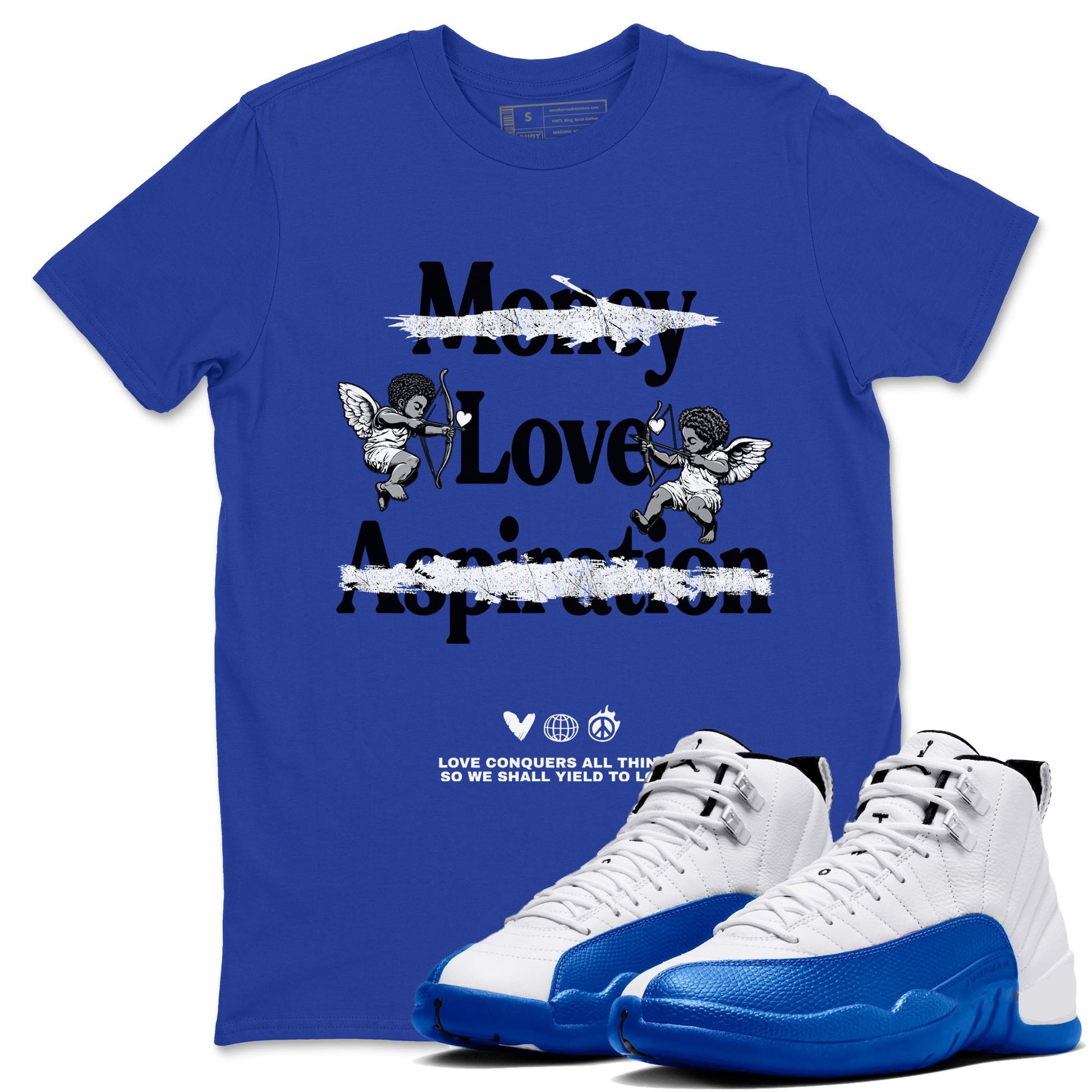 12s Blueberry shirts to match jordans Love Conquers All Things best t shirts to wear with jordans Air Jordan 12 Retro Blueberry match shoes to clothes SNRT Sneaker Tees unisex cotton Royal Blue 1 shirts