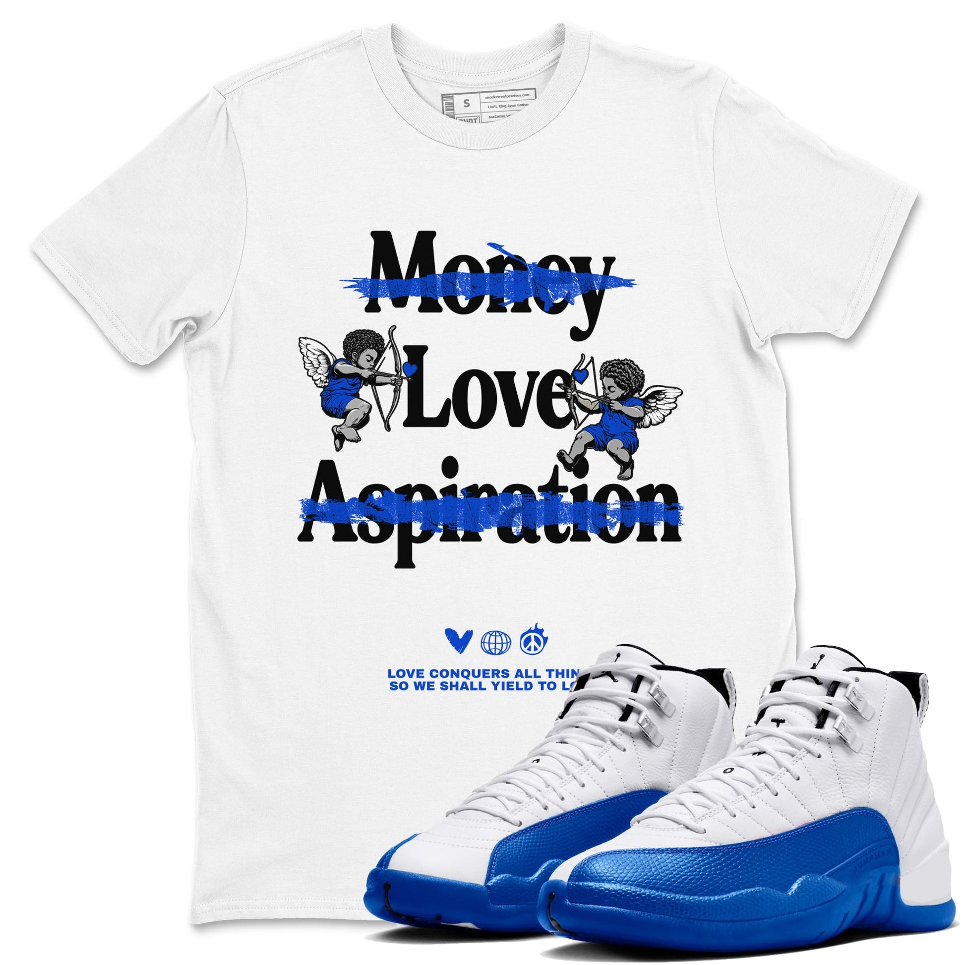 12s Blueberry shirts to match jordans Love Conquers All Things best t shirts to wear with jordans Air Jordan 12 Retro Blueberry match shoes to clothes SNRT Sneaker Tees unisex cotton White 1 shirts