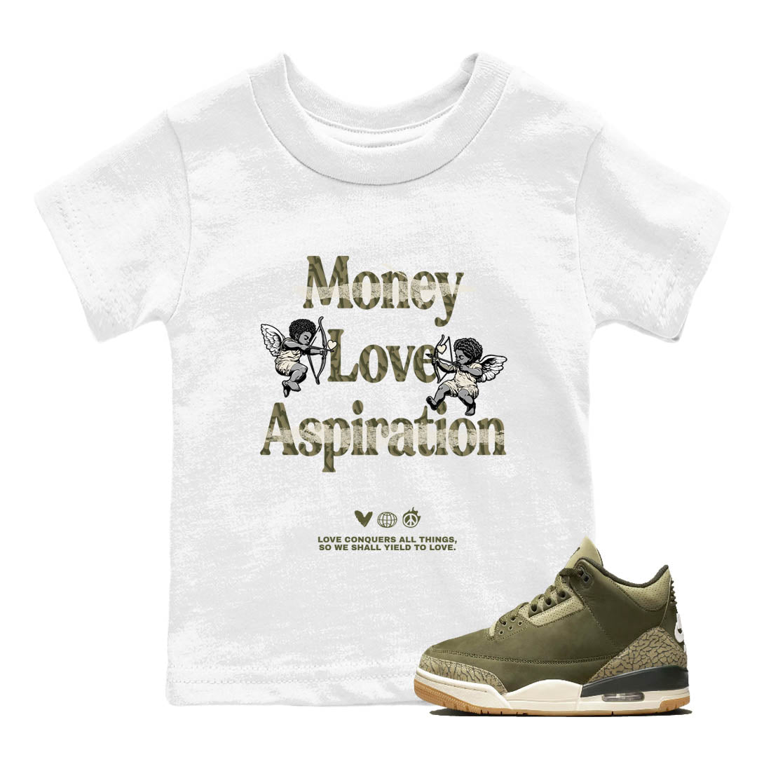 Sneaker Threads – Sneaker Tees To Match Air Jordan 3 Medium Olive – Love Conquers All Things Youth Graphic Tee White 1. Perfect for Jordan releases 2025 colorways.