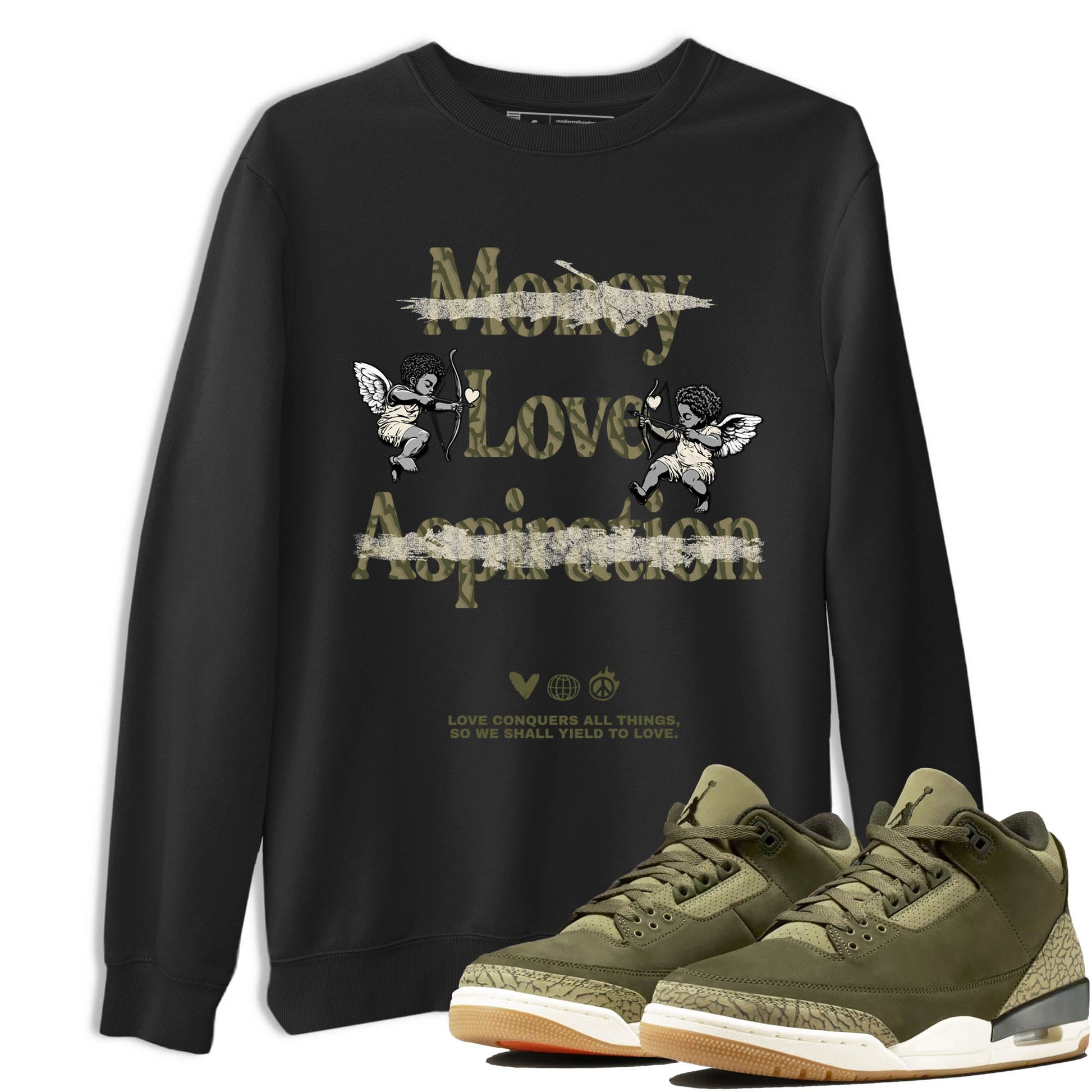 Sneaker Threads – Sneaker Tees To Match Air Jordan 3 Medium Olive – Love Conquers All Things Graphic Tee Black 1. Perfect for Jordan releases 2025 colorways.