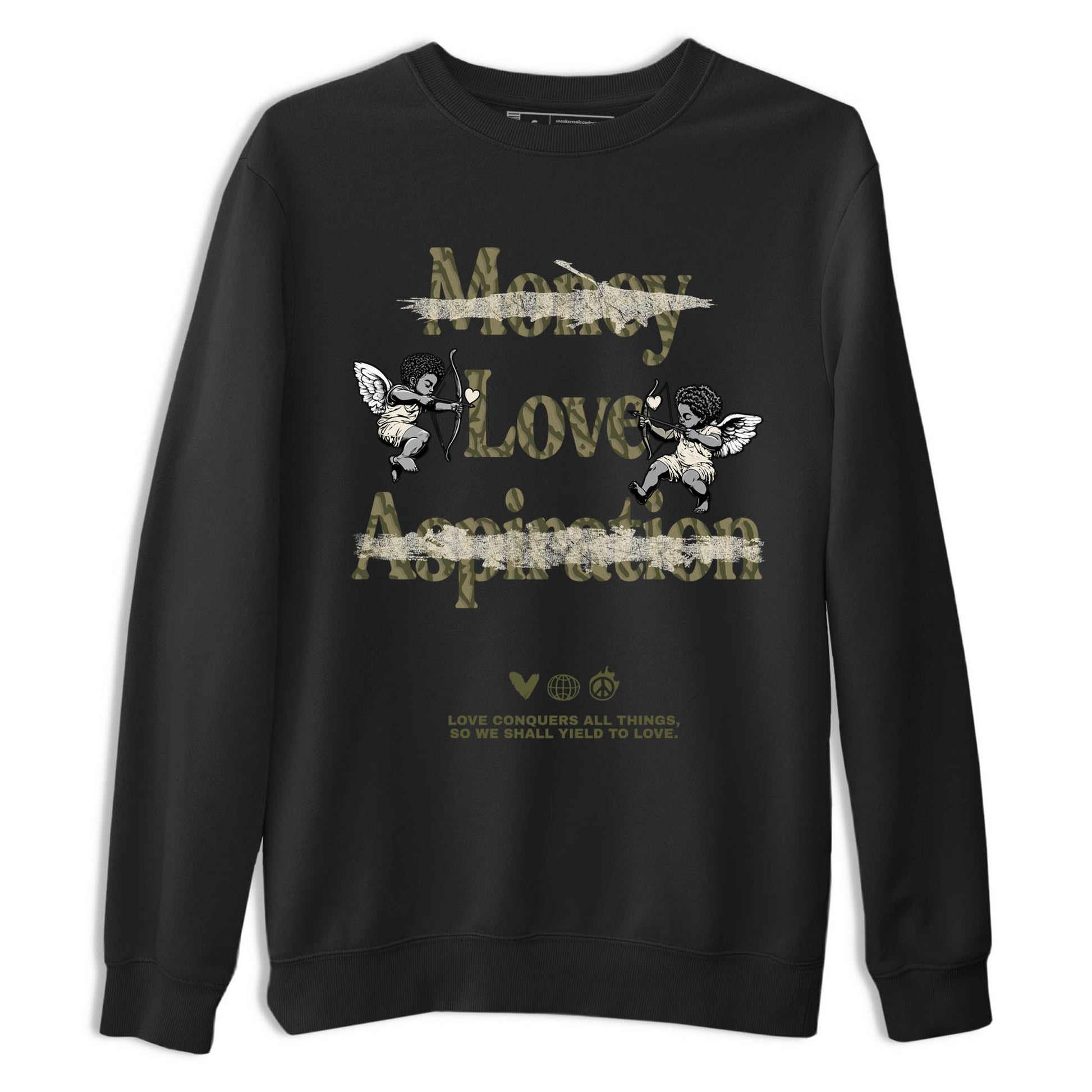 Sneaker Threads – Sneaker Tees To Match Air Jordan 3 Medium Olive – Love Conquers All Things Graphic Tee Black 2. Perfect for Jordan releases 2025 colorways.